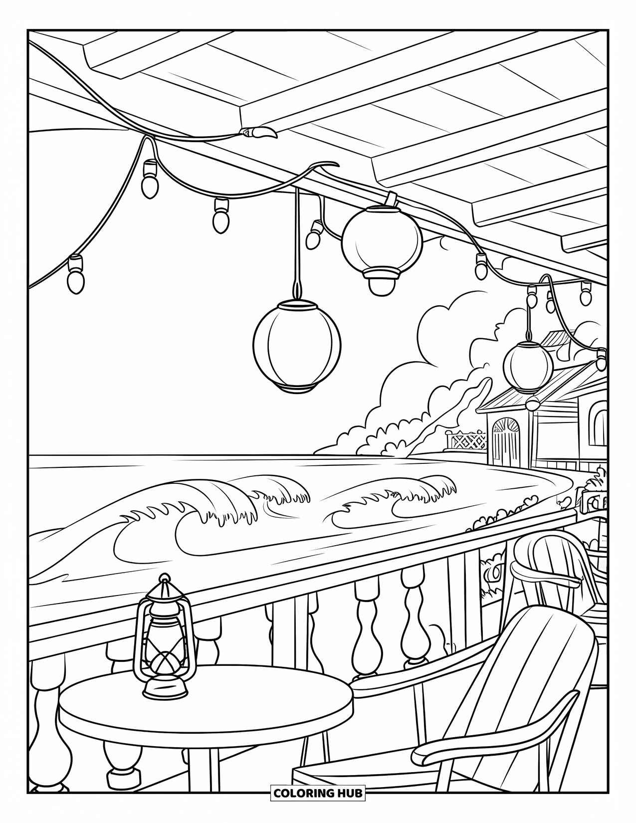 Zomer Kleurplaat voor Kinderen: Een ontspannend terras aan de kust is versierd met feeërieke lichtjes en zachte golven