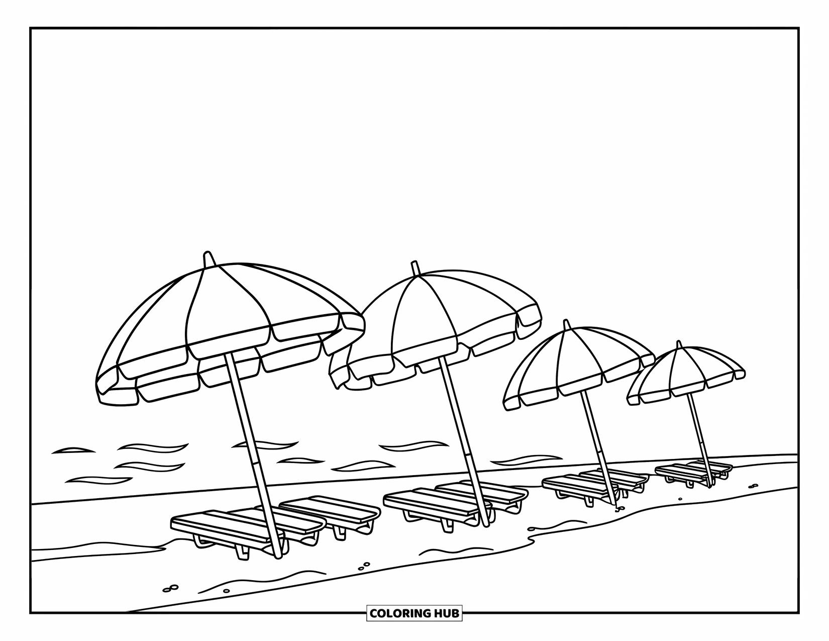 Zomer Kleurplaat voor Kinderen: Een rij van vier strandparasols staat op een zonnige kustlijn