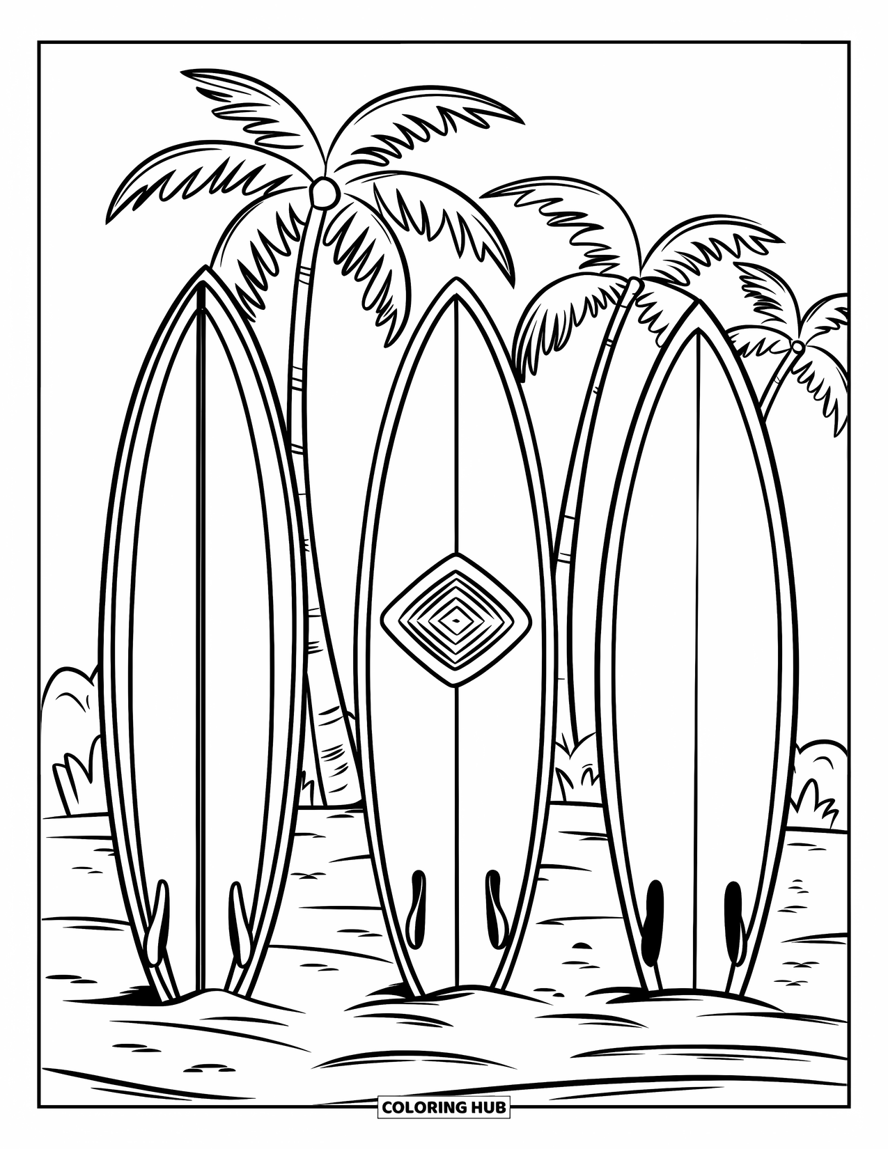 Zomer Kleurplaat voor Kinderen: Een rij surfplanken leunt tegen het zand met palmbomen op de achtergrond