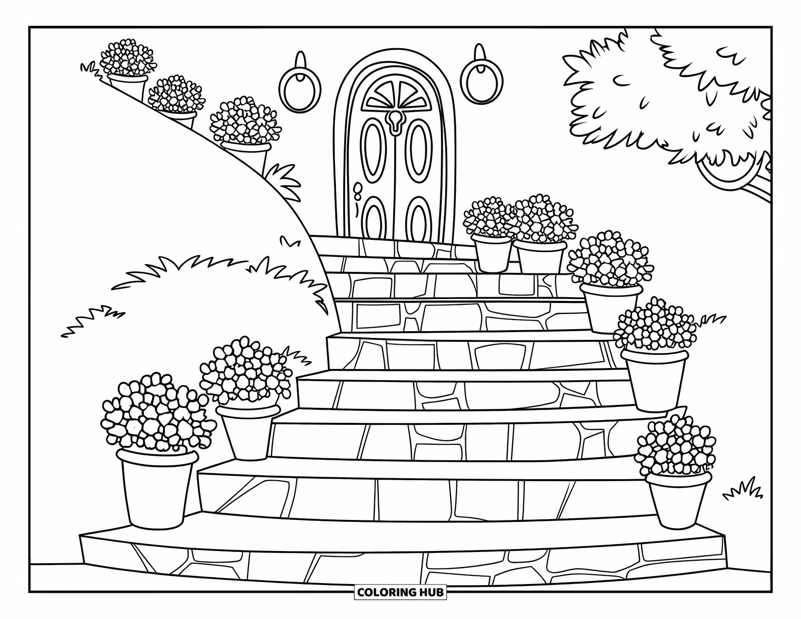Zomer Kleurplaat voor Kinderen: Een rustieke trap slingert een heuvel op, omringd door bloemen in potten