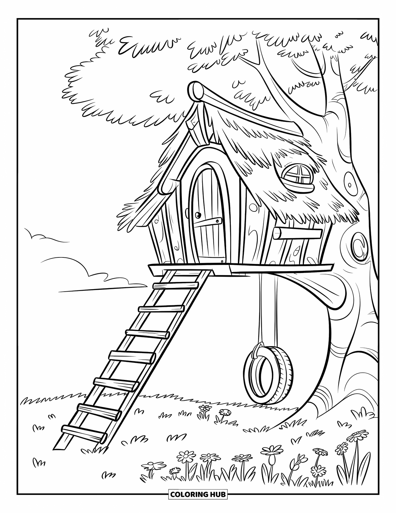 Zomer Kleurplaat voor Kinderen: Een rustiek boomhuis met een houten ladder kijkt uit over een vredige weide