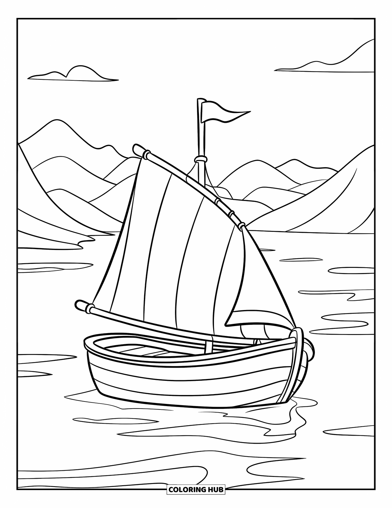 Zomer Kleurplaat voor Kinderen: Een zeilboot drijft over het water onder een lucht vol wolken