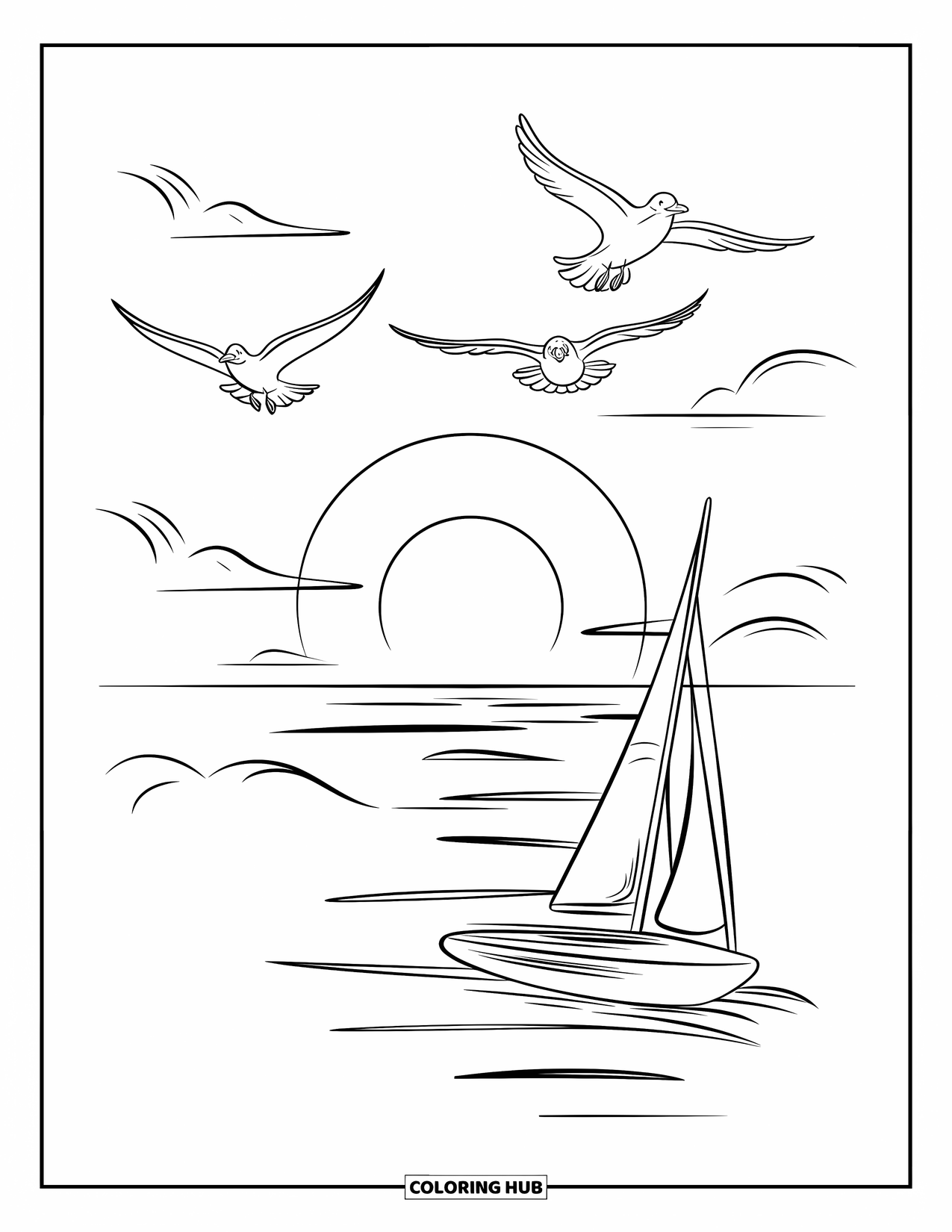 Zomer Kleurplaat voor Kinderen: Een zeilboot drijft op de oceaan terwijl meeuwen zweven onder een dromerige zonsondergang