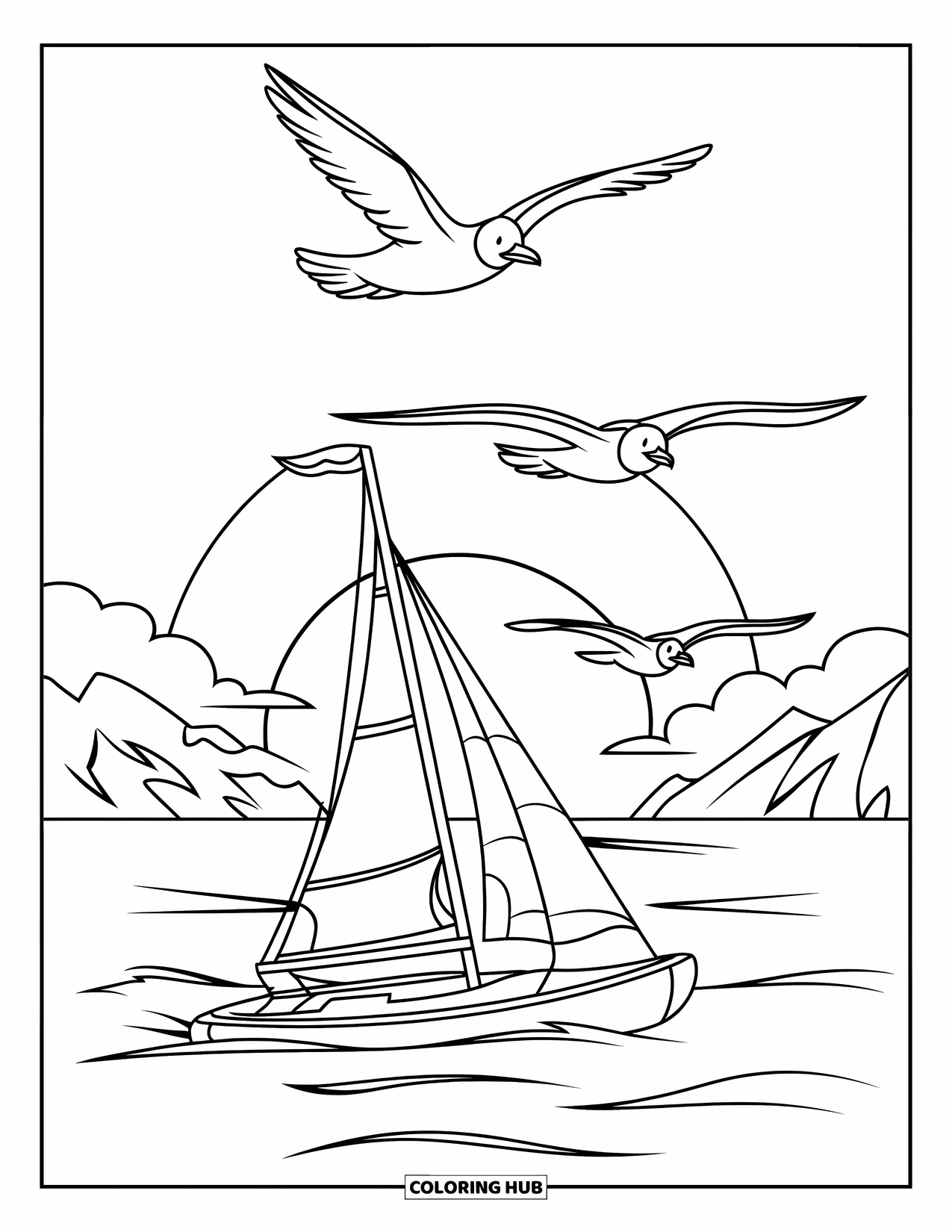 Zomer Kleurplaat voor Kinderen: Een zeilboot glijdt over kalme golven terwijl meeuwen de zonsondergang tegemoet vliegen