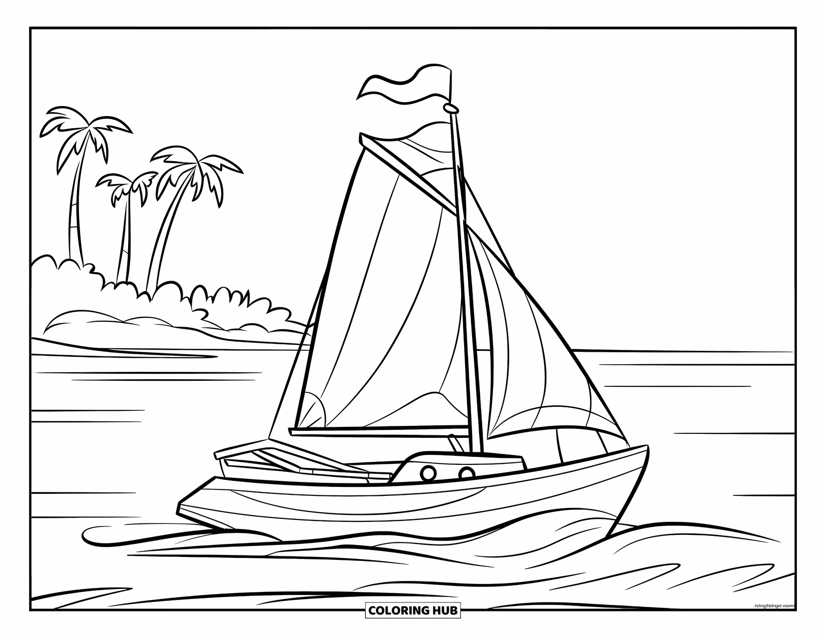 Zomer Kleurplaat voor Kinderen: Een eenvoudige zeilboot met een vlag vaart in de buurt van een zonnige, met palmen omzoomde kust