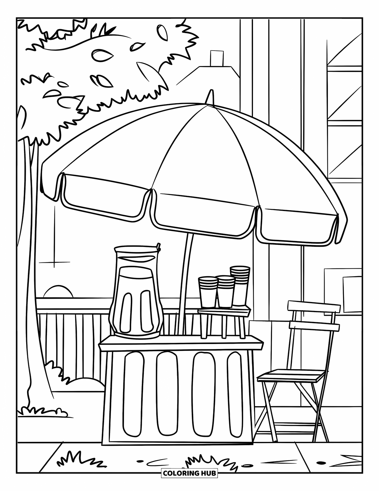 Zomer Kleurplaat voor Kinderen: Een kleine limonadekraam met een tafel en stoel is opgezet onder schaduwrijke bomen