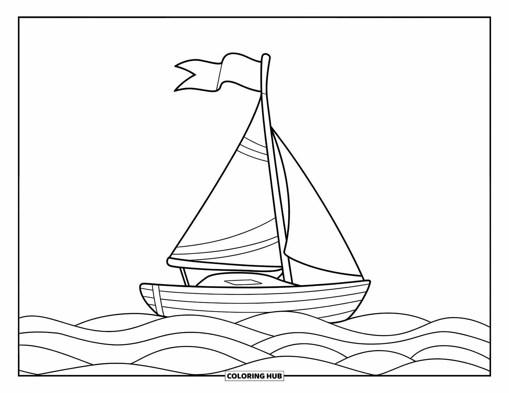 Zomer Kleurplaat voor Kinderen: Een kleine zeilboot met een driehoekig zeil drijft op zachte golven