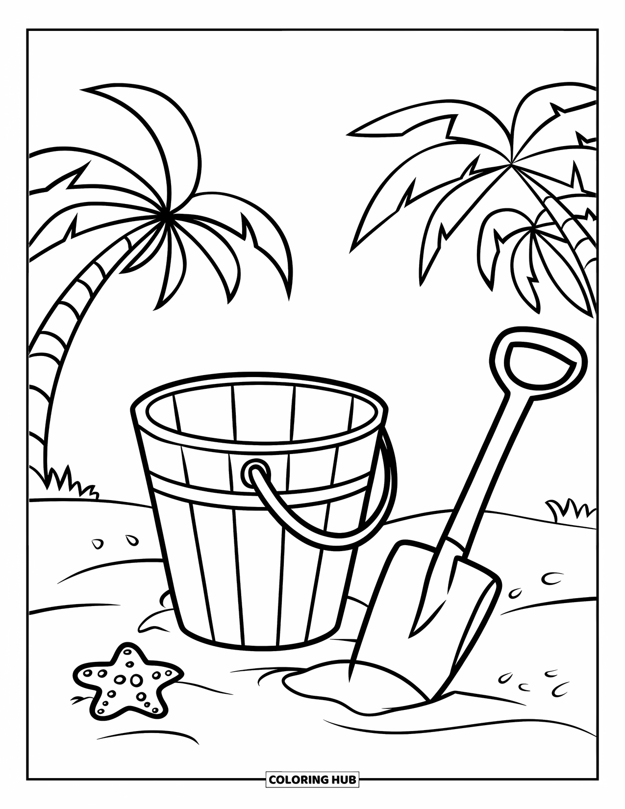 Zomer Kleurplaat voor Kinderen: Een kleine zeester rust naast een strandemmer en schep op de kust