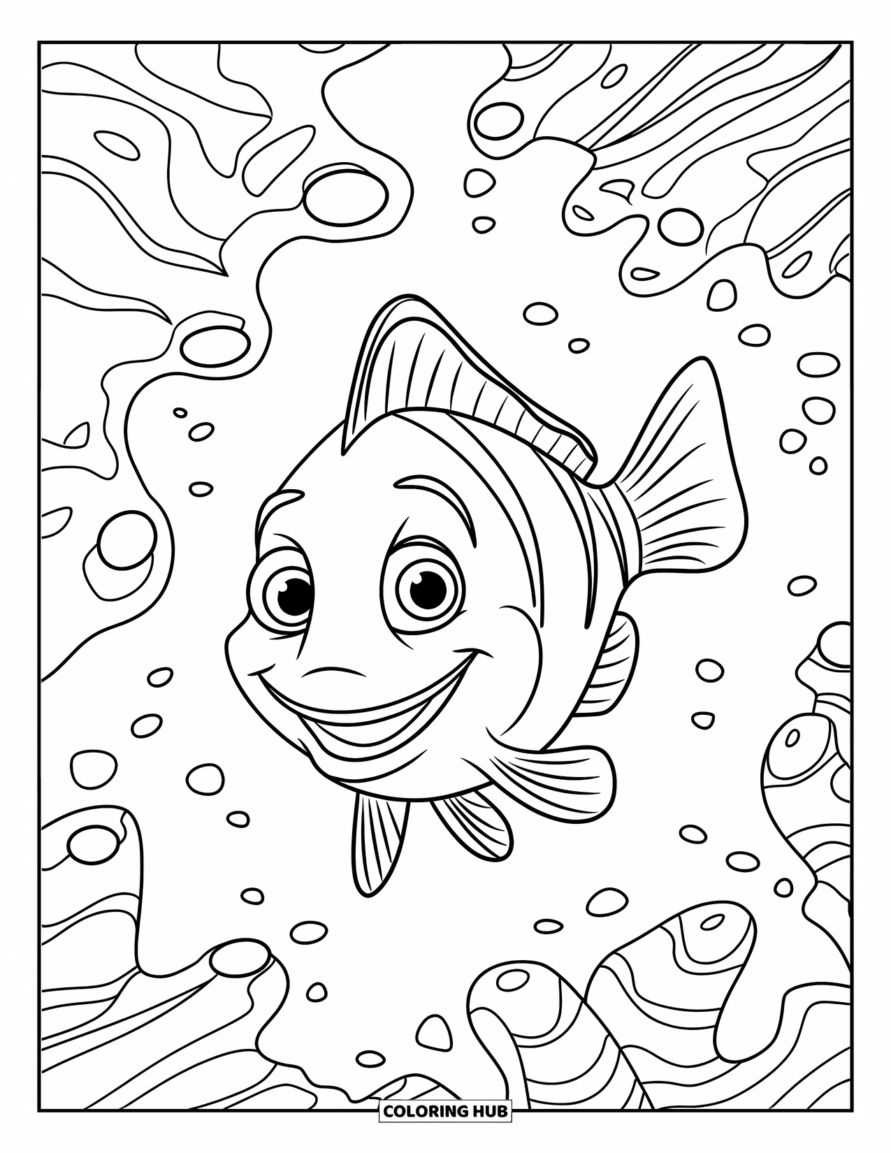 Zomer Kleurplaat voor Kinderen: Een lachende vis zwemt in de buurt van speelse koraalvormen in de oceaan