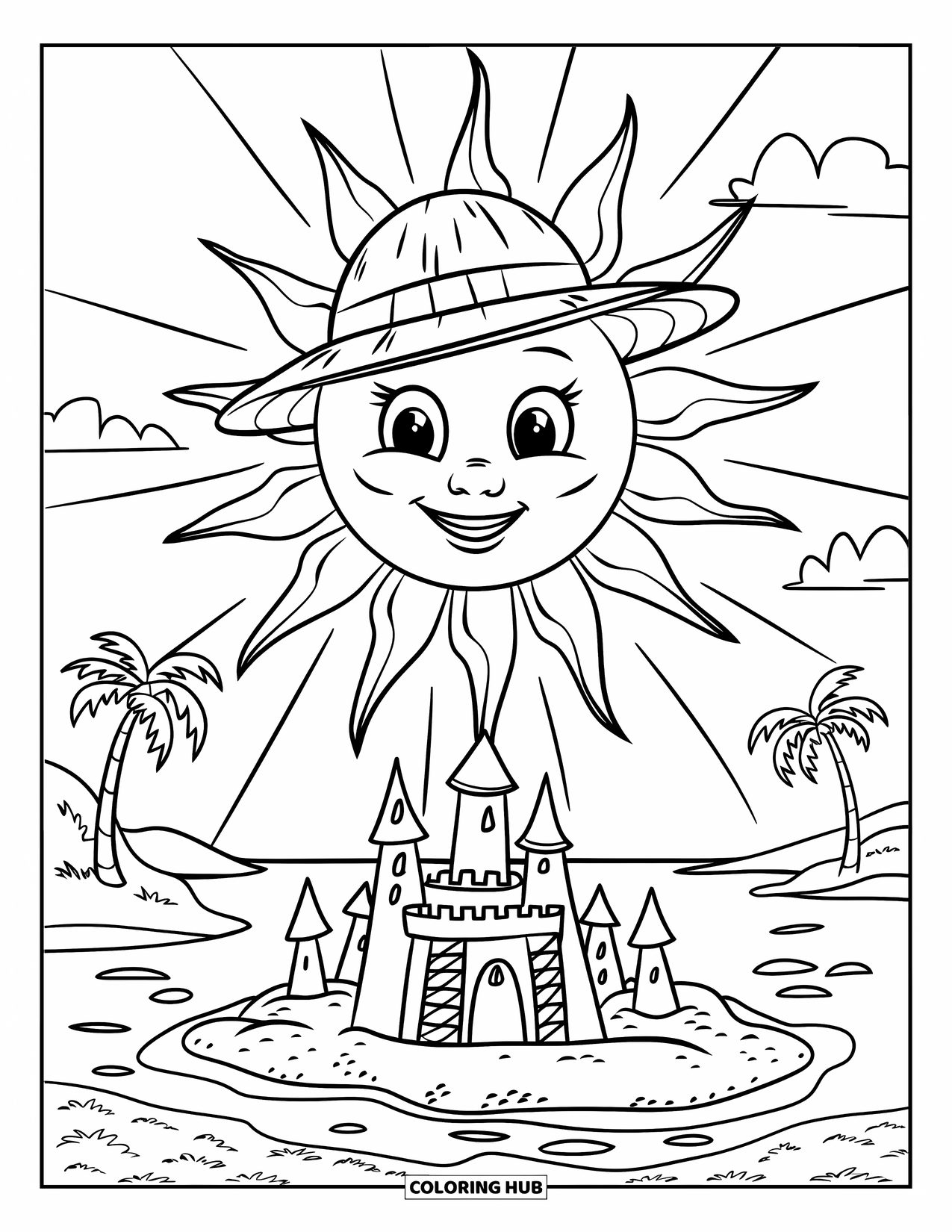 Zomer Kleurplaat voor Kinderen: Een lachende zon met grote stralen schijnt over een zandkasteel aan zee