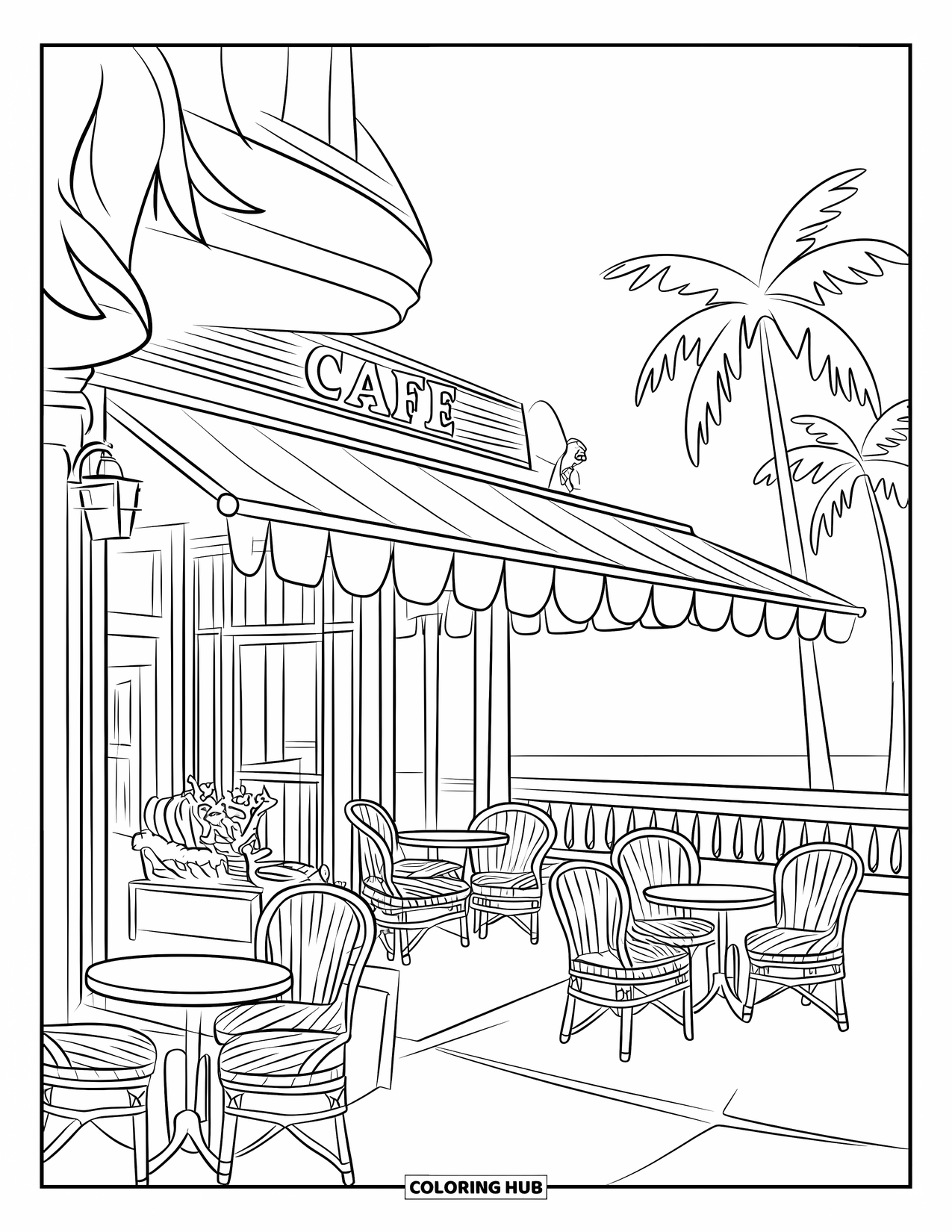 Zomer Kleurplaat voor Kinderen: Een stijlvol strandcafé met tafels buiten biedt een perfect uitzicht op de oceaan