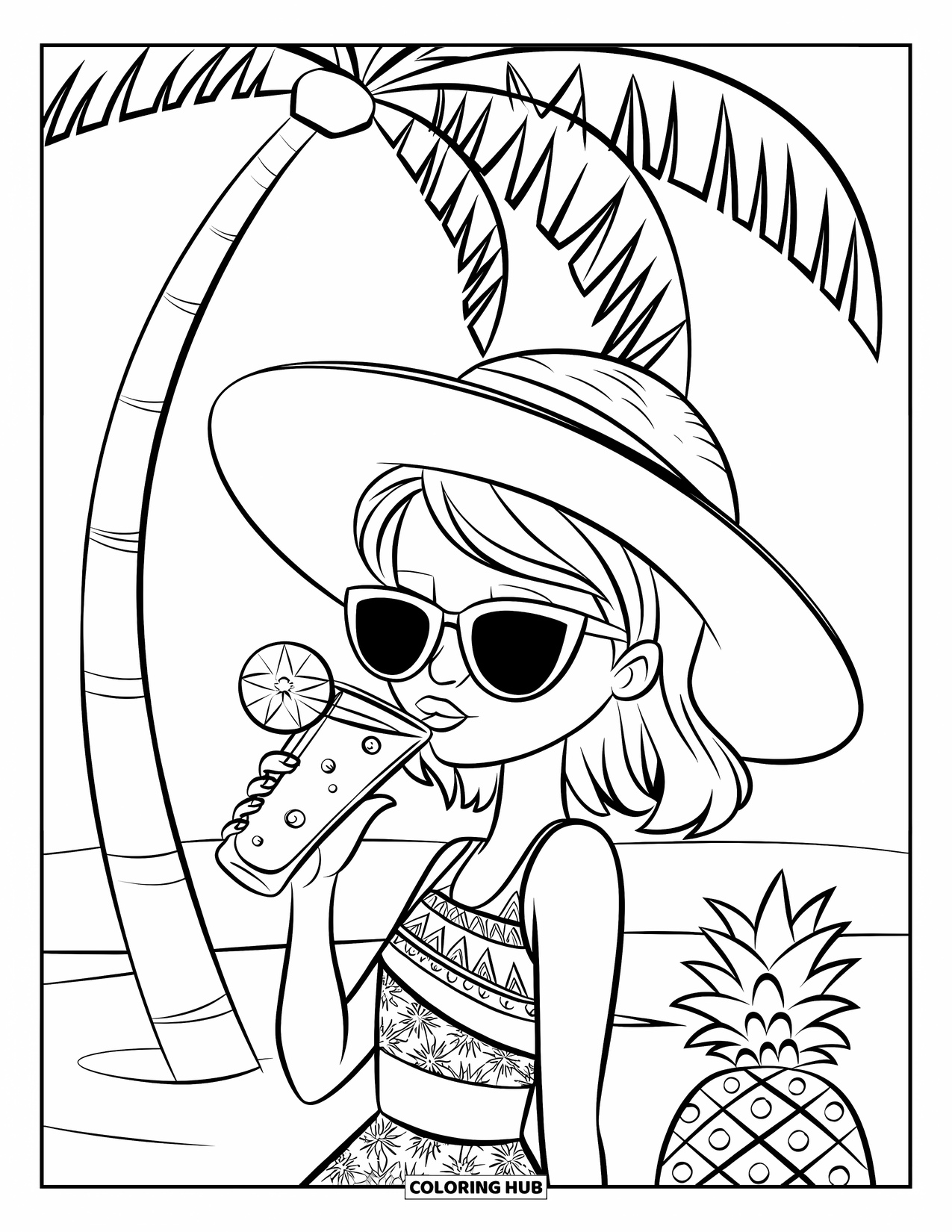 Zomer Kleurplaat voor Kinderen: Een stijlvol meisje met een zonnebril drinkt een tropisch drankje onder een schaduwrijke palmboom
