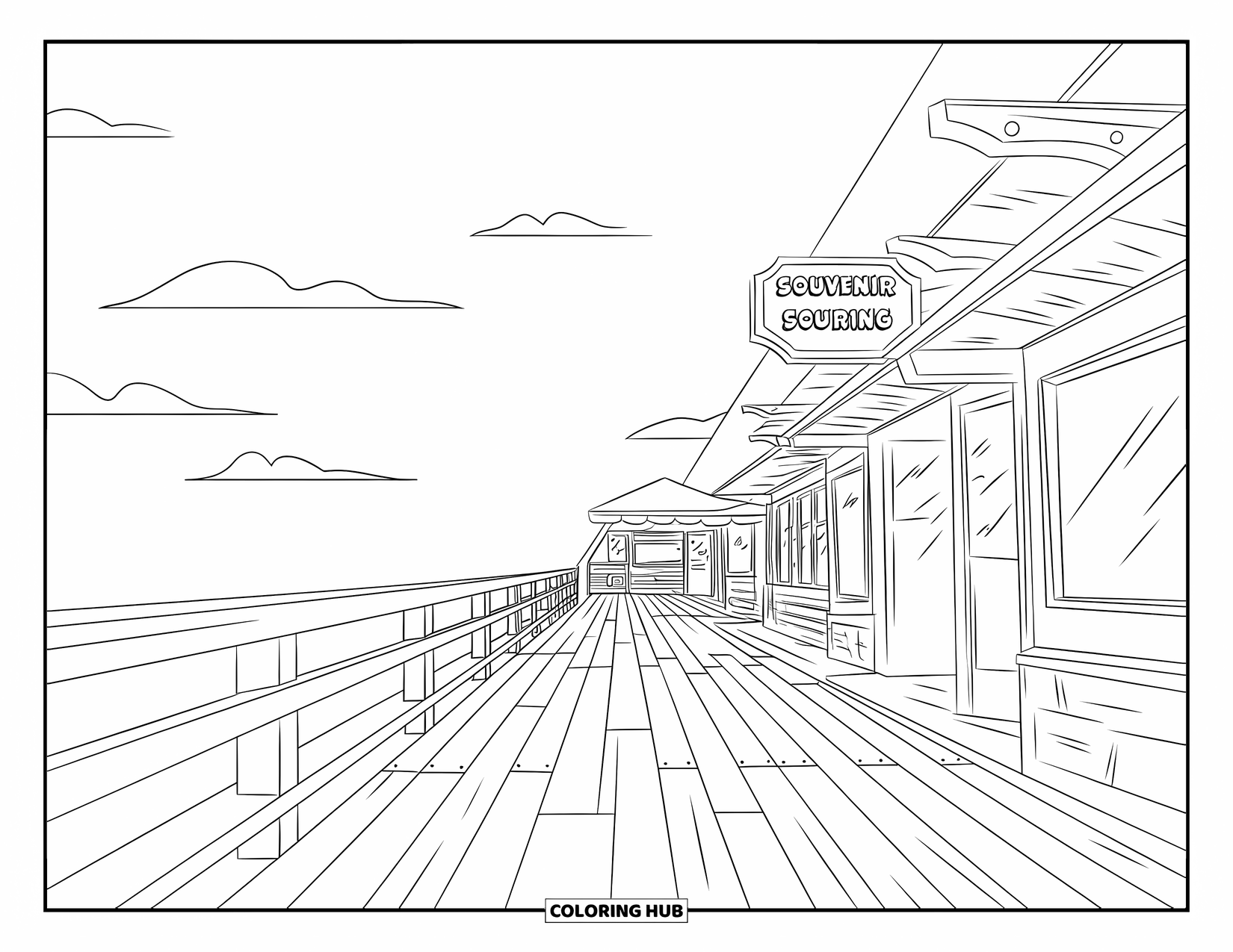 Zomer Kleurplaat voor Kinderen: Een zonnige promenade met souvenirwinkels en palmbomen kijkt uit over de oceaan