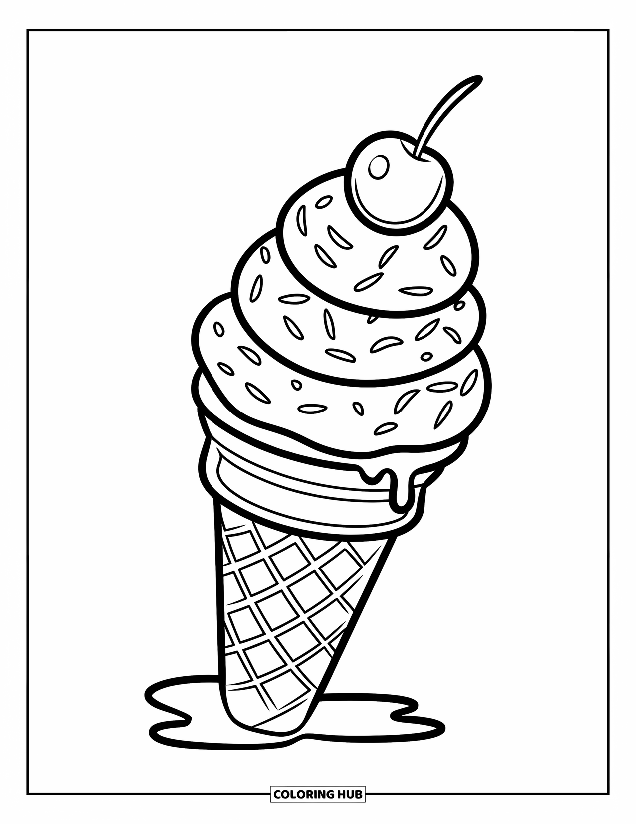 Zomer Kleurplaat voor Kinderen: Een zwierig ijsje met een kers en spikkels smelt een beetje