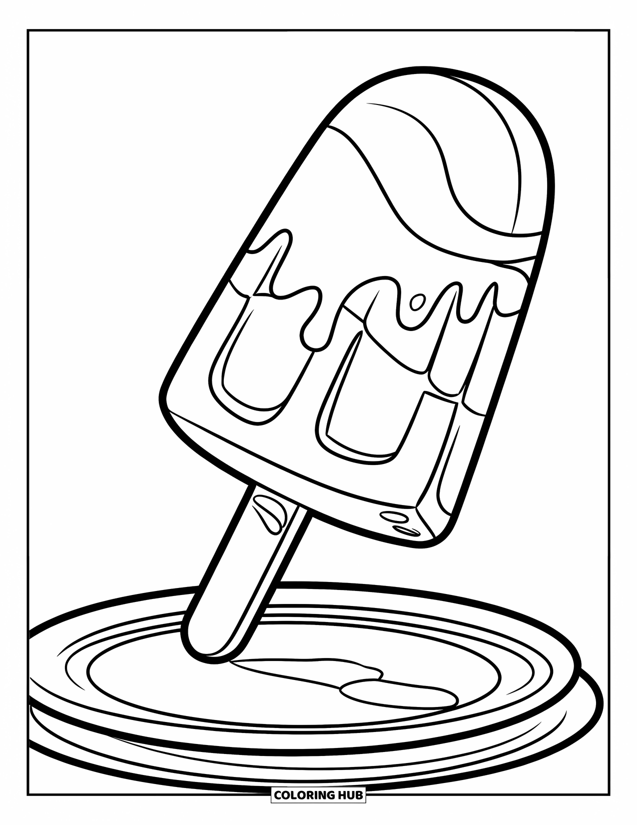 Zomer Kleurplaat voor Kinderen: Een zwierige waterijsje op een bord druipt een beetje, klaar om van te genieten