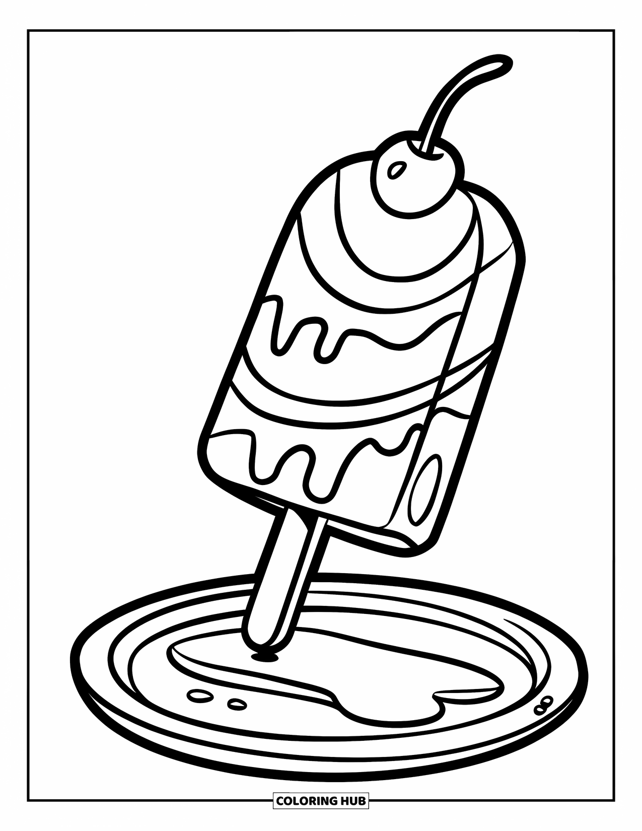 Zomer Kleurplaat voor Kinderen: Een zwierige waterijsje op een stokje druipt een beetje terwijl het op een bord rust