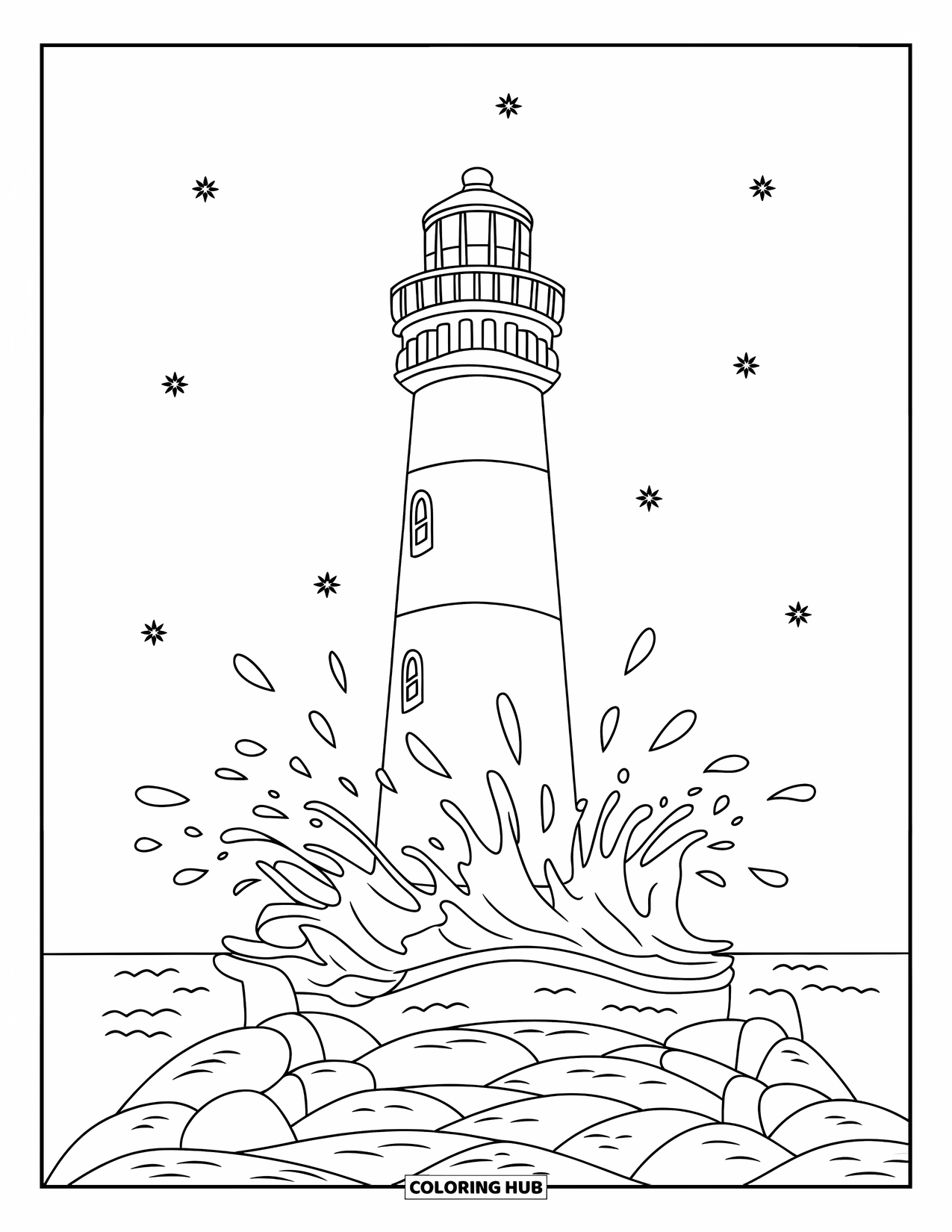 Zomer Kleurplaat voor Kinderen: Een hoge vuurtoren staat op een rotsachtige kustlijn terwijl golven eromheen slaan