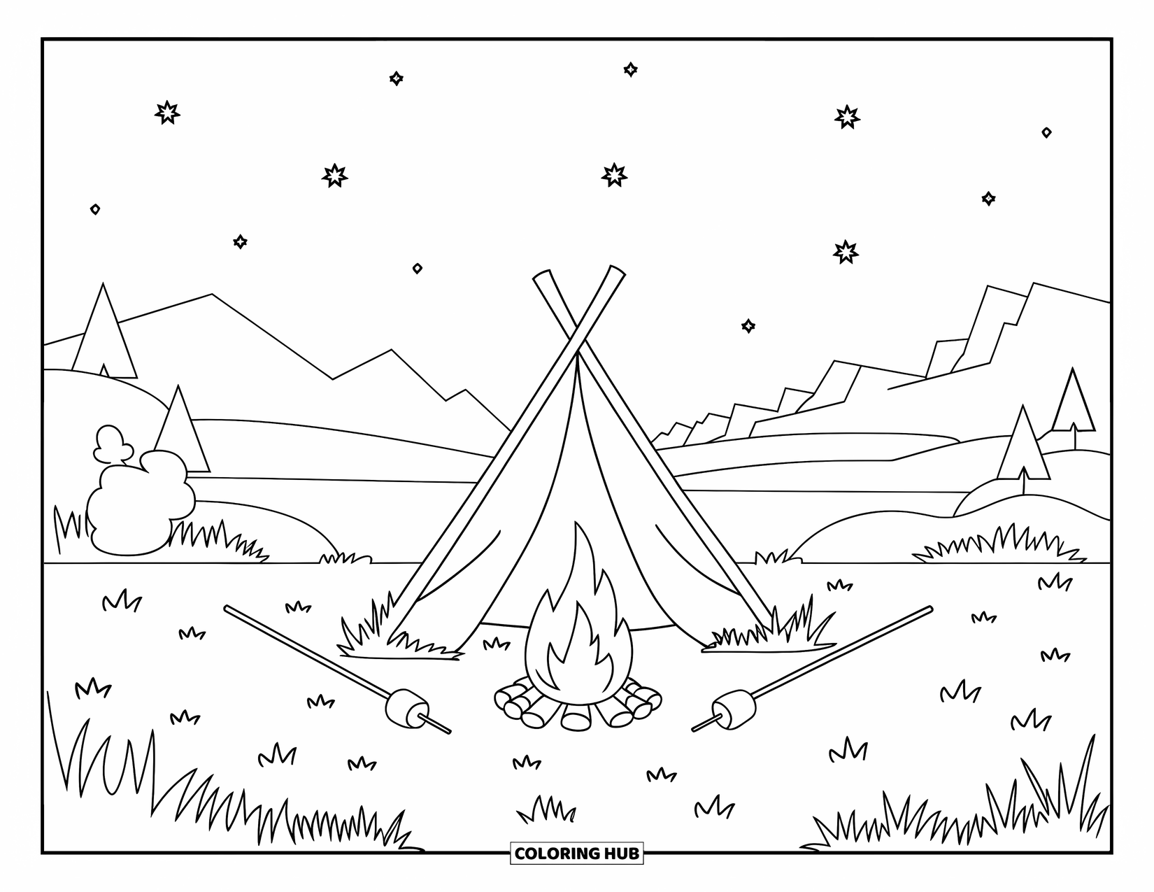Zomer Kleurplaat voor Kinderen: Een tent met marshmallows die roosteren boven een vreugdevuur gloeit onder de sterrenhemel