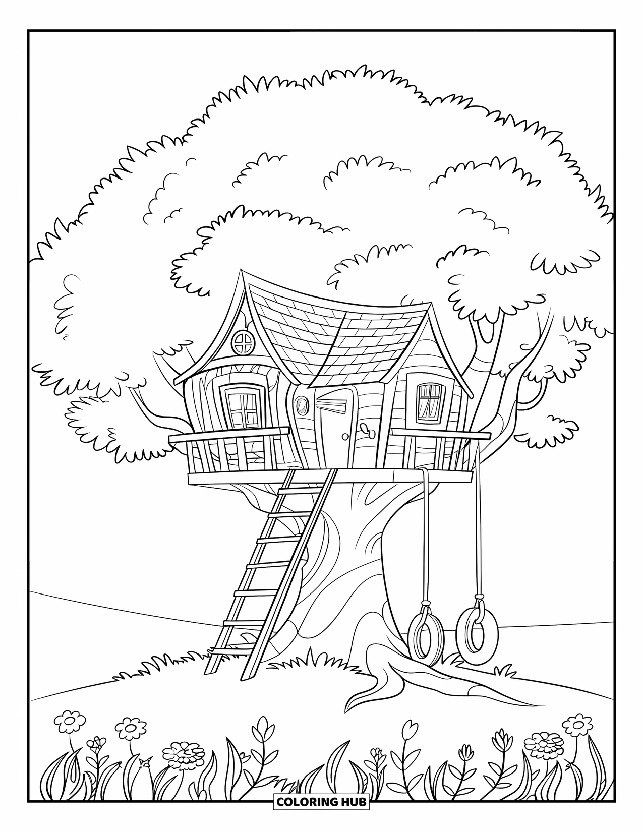 Zomer Kleurplaat voor Kinderen: Een boomhut met een klein raam en een schommel is genesteld in een grote, groene boom