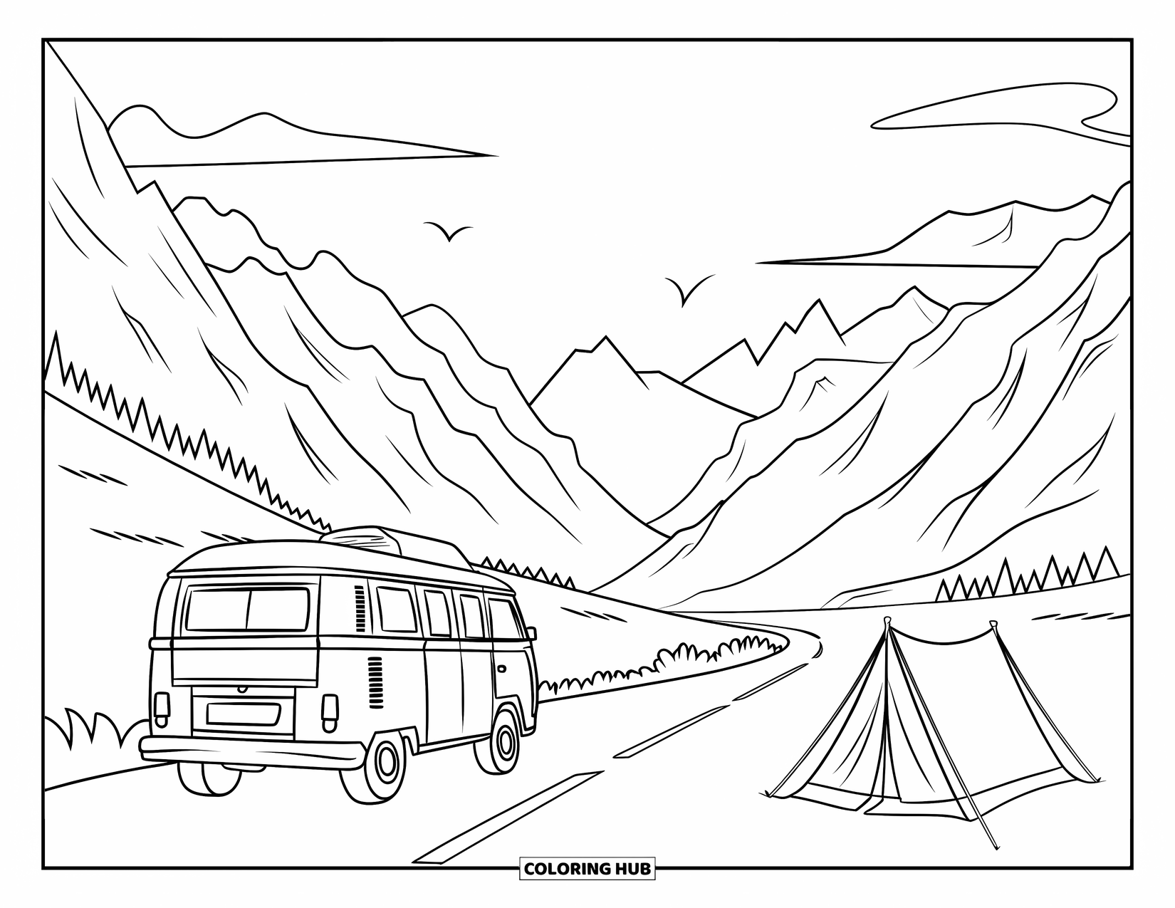 Zomer Kleurplaat voor Kinderen: Een busje staat geparkeerd in de buurt van een kronkelende weg met torenhoge bergen in de verte