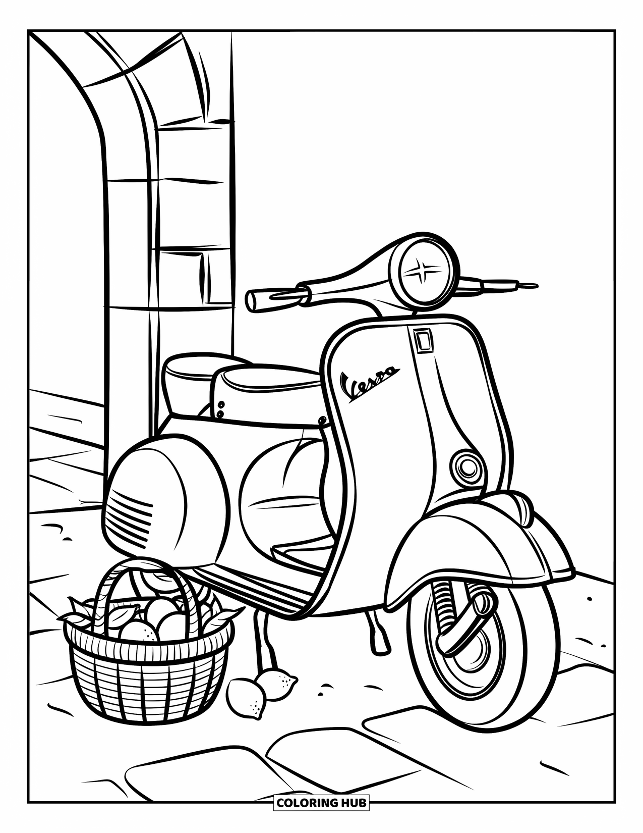 Zomer Kleurplaat voor Kinderen: Een vintage Vespa leunt in de buurt van een stenen boog naast een mand met verse citroenen