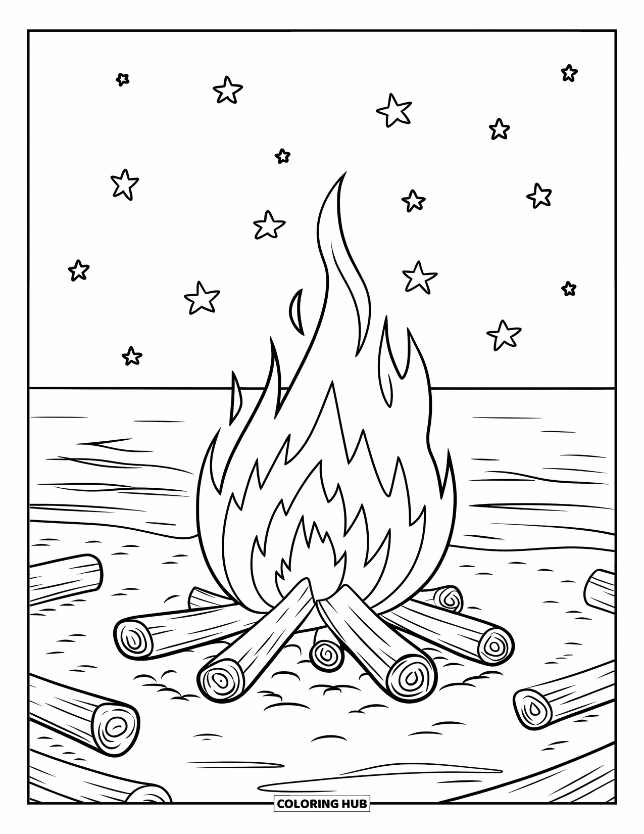 Zomer Kleurplaat voor Kinderen: Een warm vreugdevuur verlicht het strand terwijl golven in de verte breken