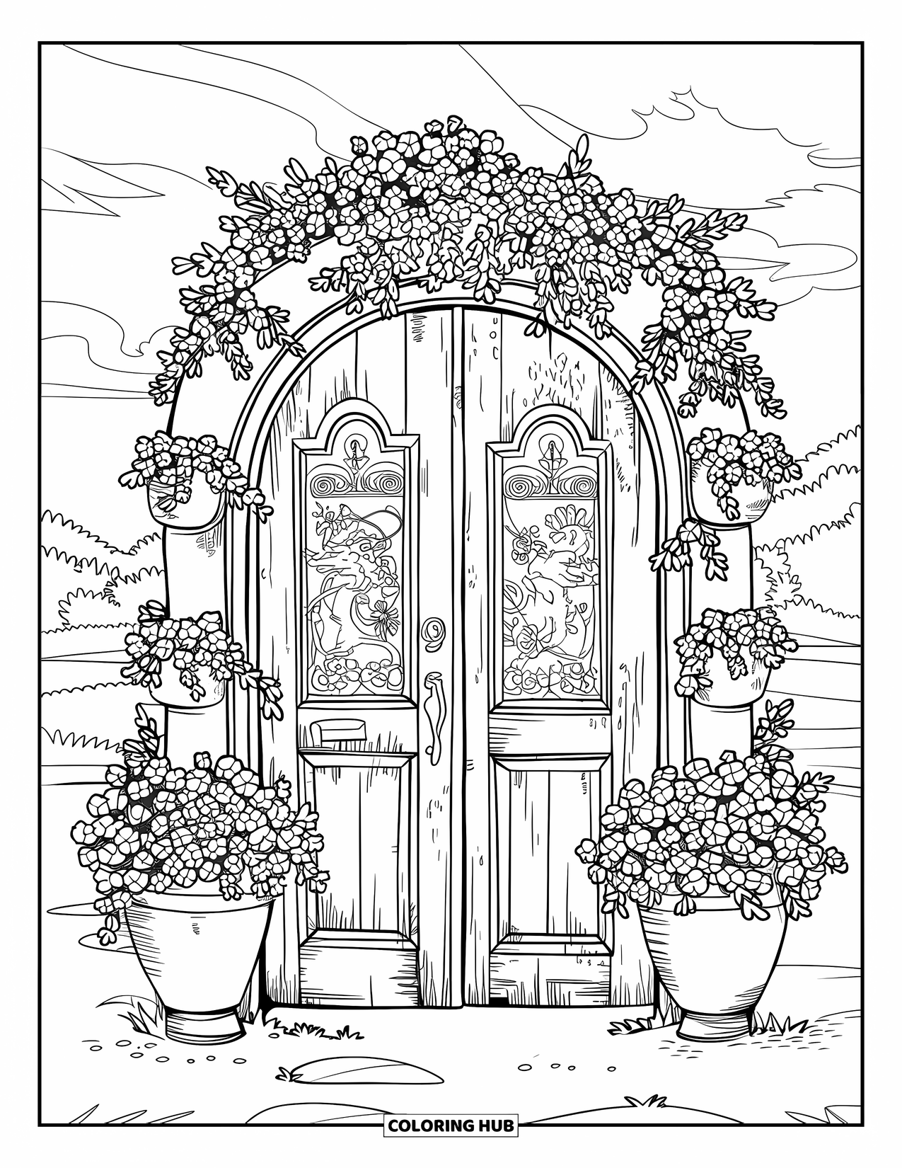 Zomer Kleurplaat voor Kinderen: Een verweerde houten deur met gesneden details is genesteld tussen kleurrijke bloempotten