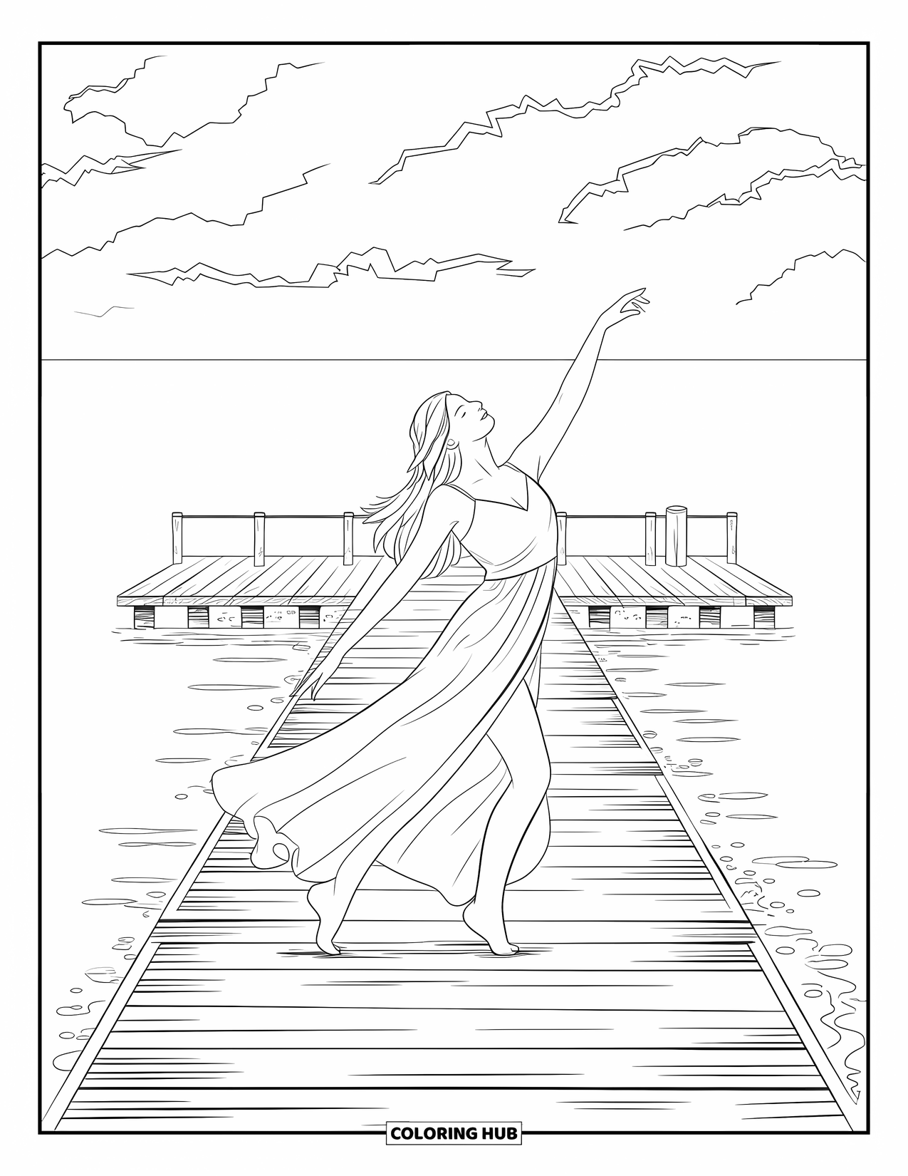 Zomer Kleurplaat voor Kinderen: Een vrouw wiegt sierlijk op een houten pier en omarmt de zeelucht