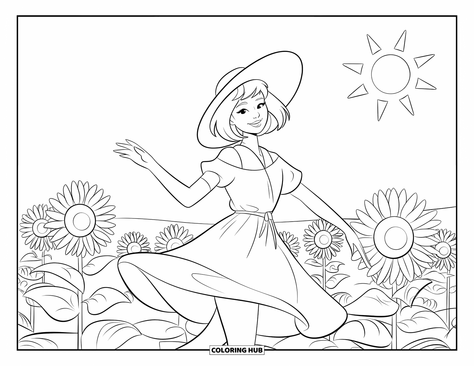 Zomer Kleurplaat voor Kinderen: Een vrouw danst met een onbezorgde glimlach in een helder zonnebloemveld