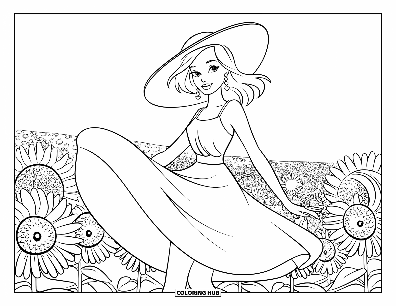 Zomer Kleurplaat voor Kinderen: Een vrouw met lang haar draait vrolijk in een uitgestrekt zonnebloemveld