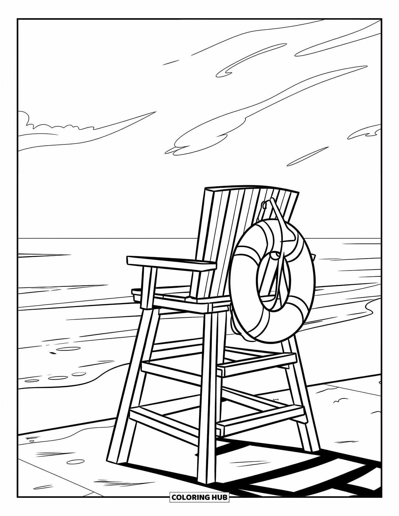 Zomer Kleurplaat voor Kinderen: Een houten strandwachtstoel met een drijver kijkt uit over de zandkust