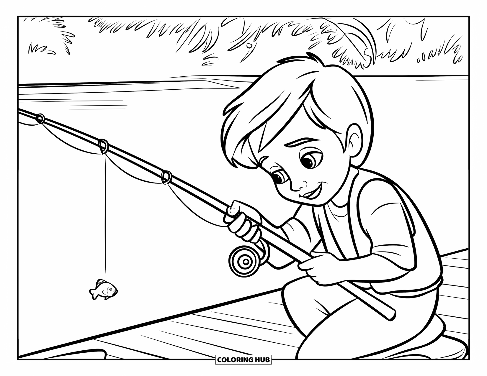 Zomer Kleurplaat voor Kinderen: Een jonge visser zit op een dok, in de hoop een kleine vis te vangen