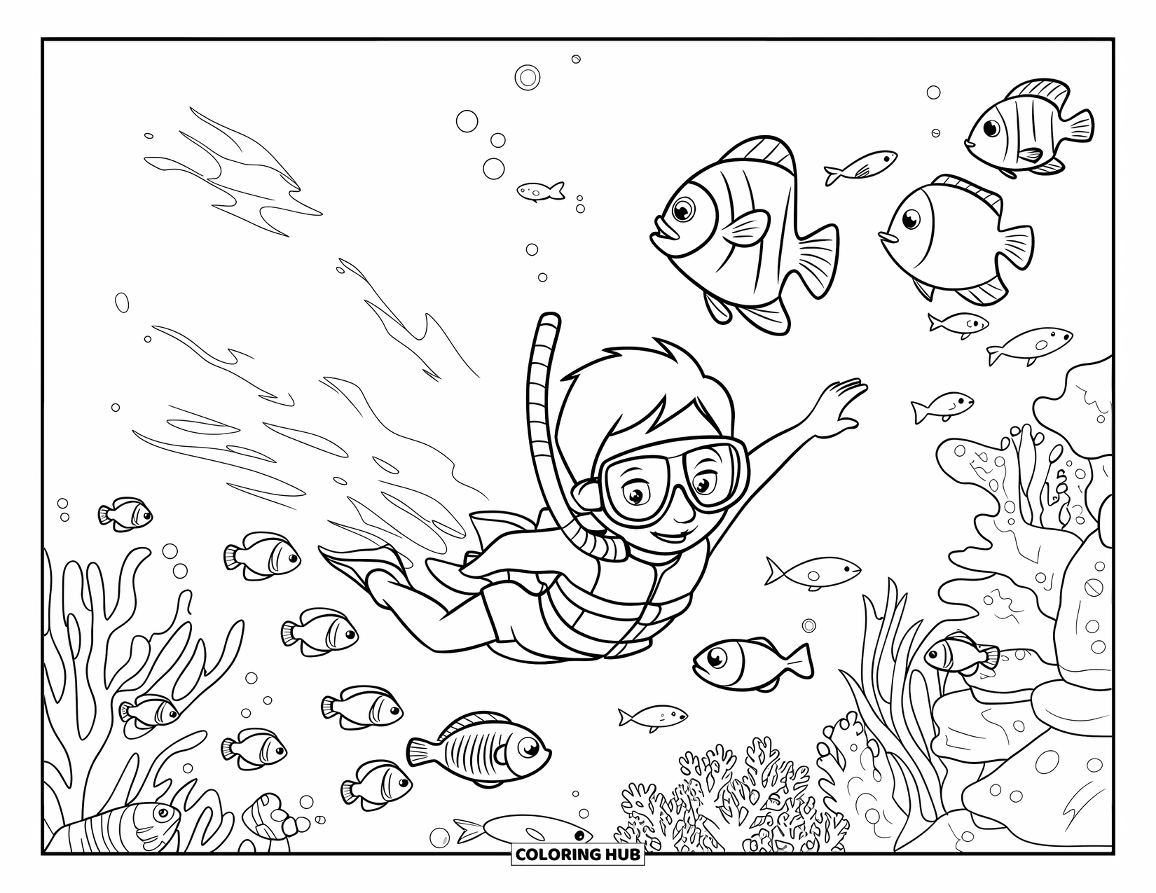 Zomer Kleurplaat voor Kinderen: Een jonge snorkelaar zwemt tussen levendige koraalriffen en speelse vissen