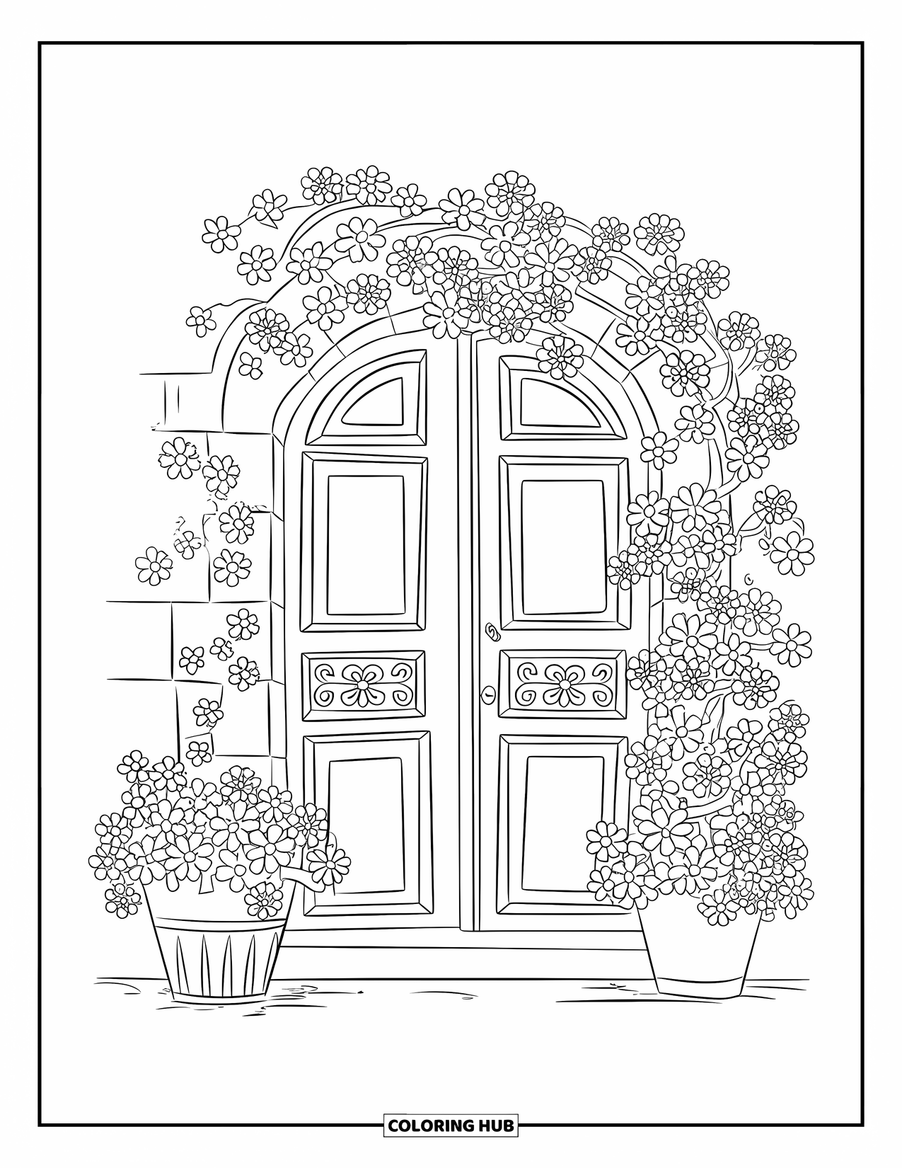 Zomer Kleurplaat voor Kinderen: Een oude houten deur met ingewikkelde gravures is omlijst door overvolle bloempotten