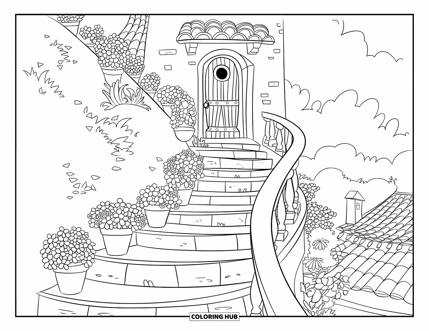Zomer Kleurplaat voor Kinderen: Stenen treden omzoomd met bloemen leiden naar een gezellige vintage deur