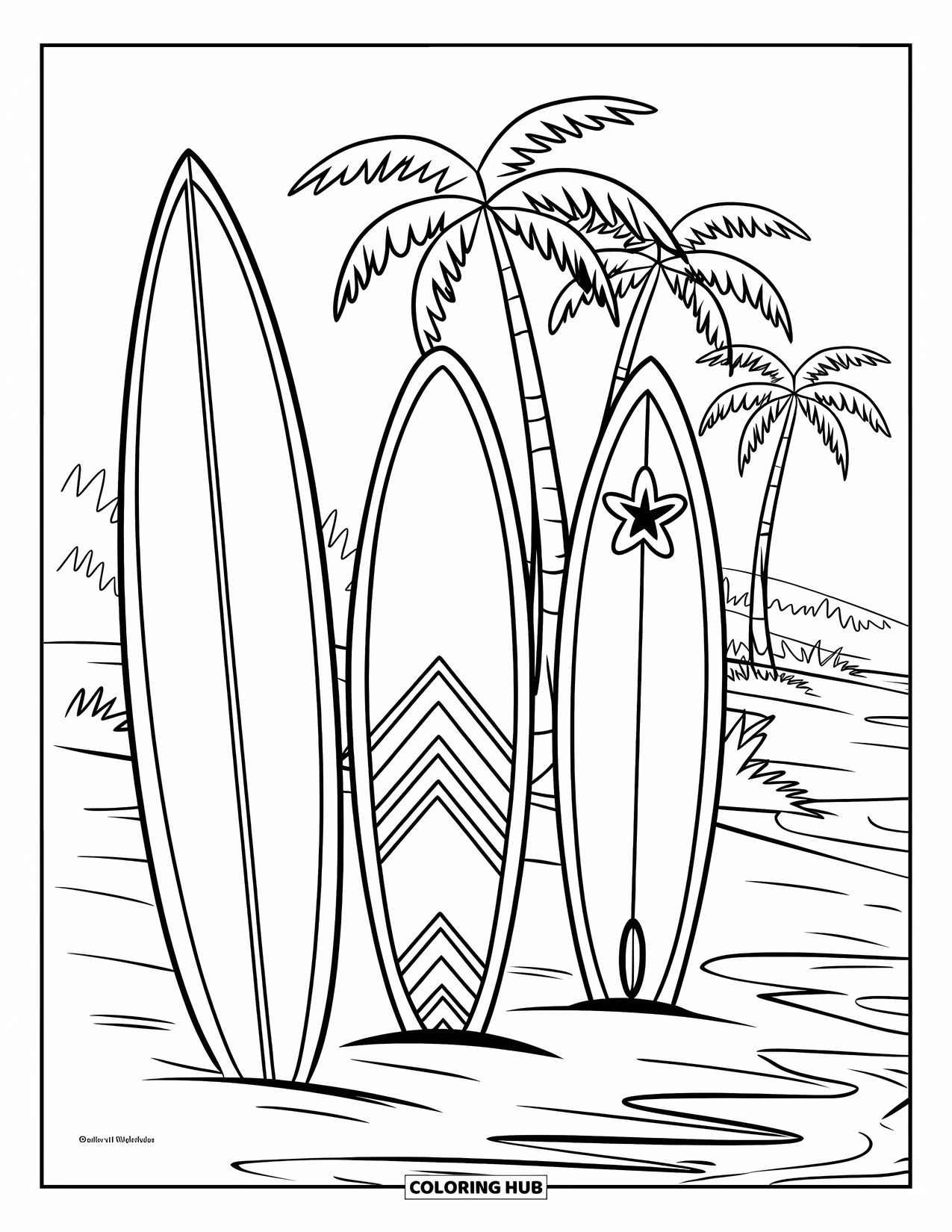 Zomer Kleurplaat voor Kinderen: Drie surfplanken met gedurfde patronen rusten op een zonnig strand