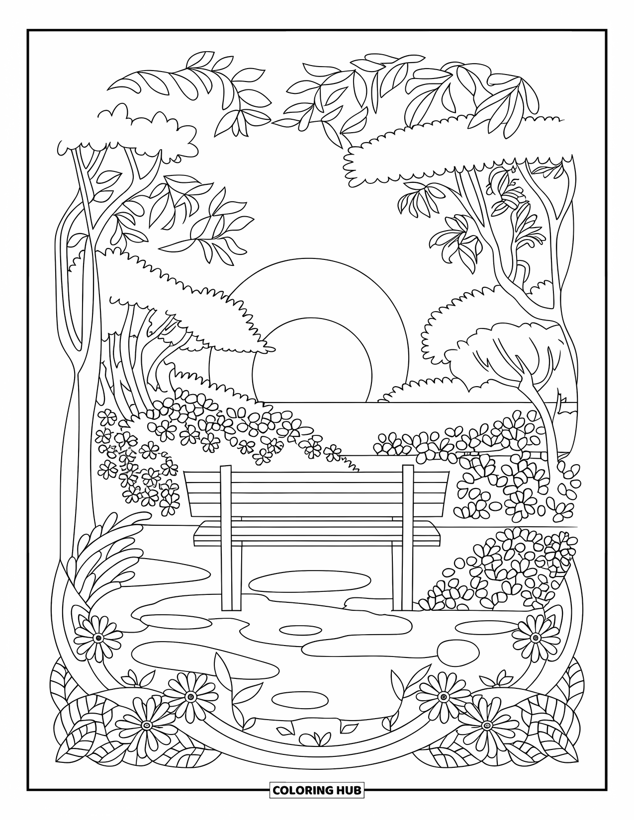 Desen de colorat cu apus de soare pentru adulți: O bancă se află la un punct de belvedere pitoresc, încadrat de flori și copaci