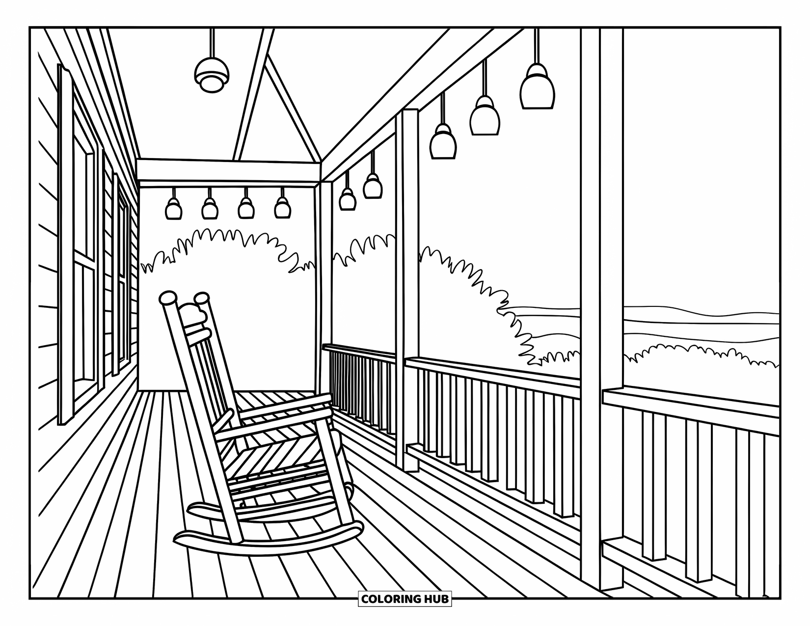 Desen de colorat cu apus de soare pentru adulți: Un pridvor confortabil cu un balansoar are vedere spre copaci la apus