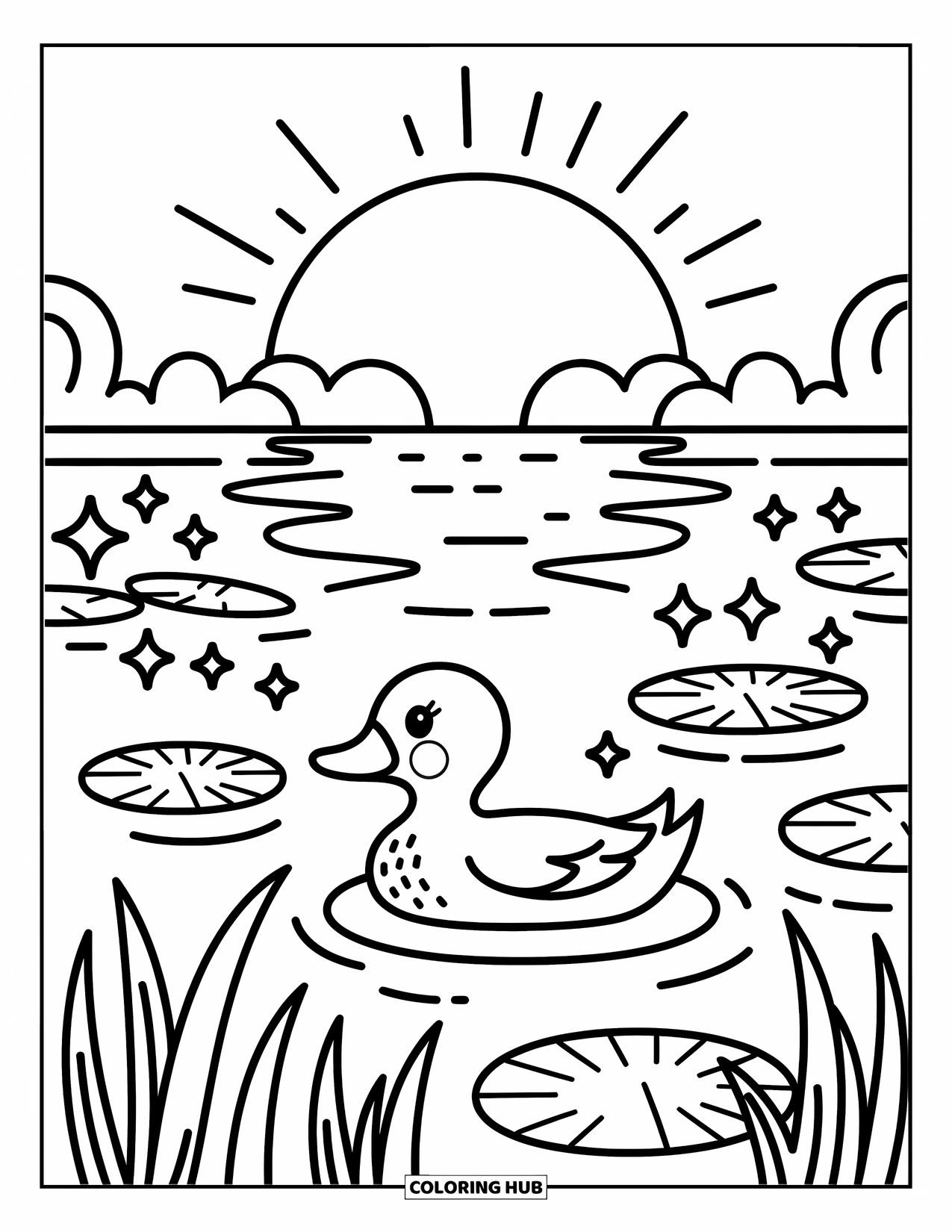 Desen de colorat cu apus de soare pentru adulți: O rață alunecă lângă nuferi în timp ce apusul se reflectă pe lac