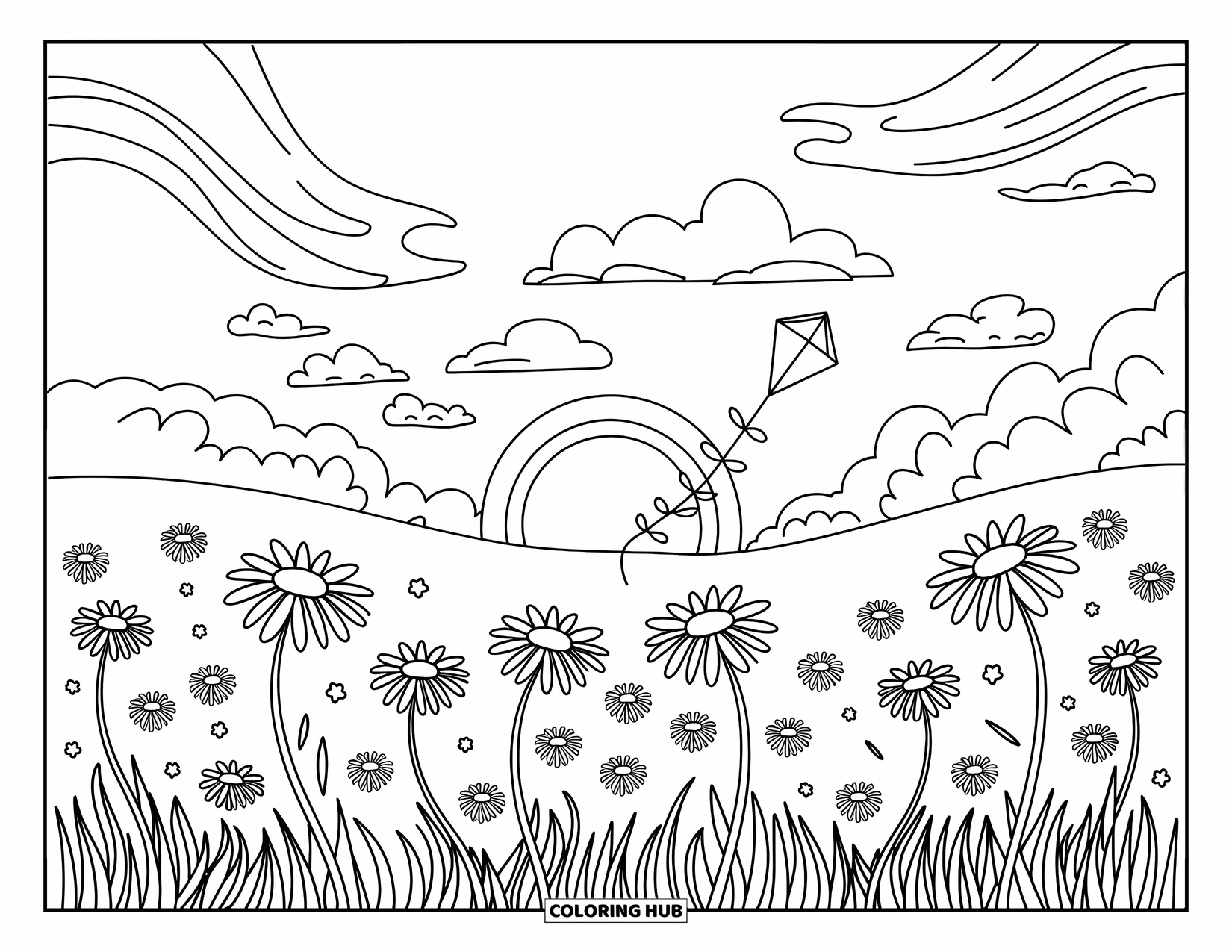 Desen de colorat cu apus de soare pentru adulți: Un zmeu singuratic se odihnește într-o pajiște de margarete sub un cer colorat de apus