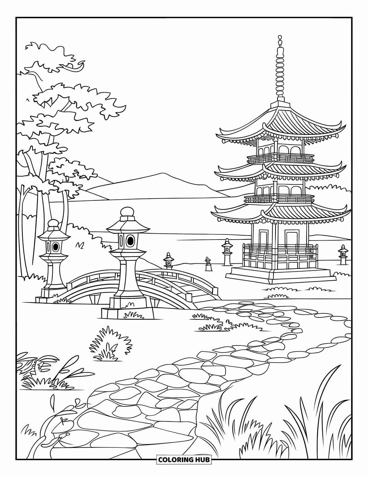 Desen de colorat cu apus de soare pentru adulți: O pagodă și felinare se află într-o grădină japoneză liniștită la apus