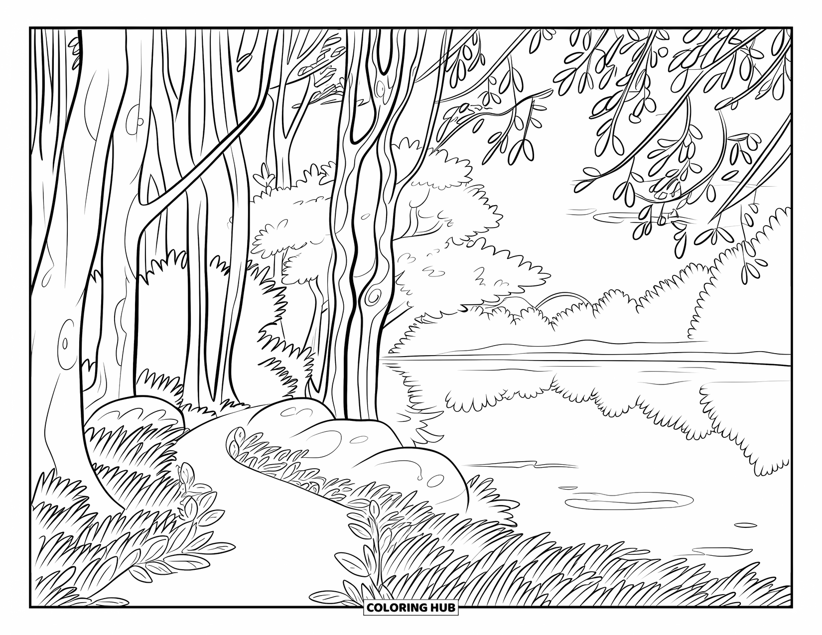 Desen de colorat cu apus de soare pentru adulți: O pădure liniștită strălucește la apus, cu frunze care acoperă pământul