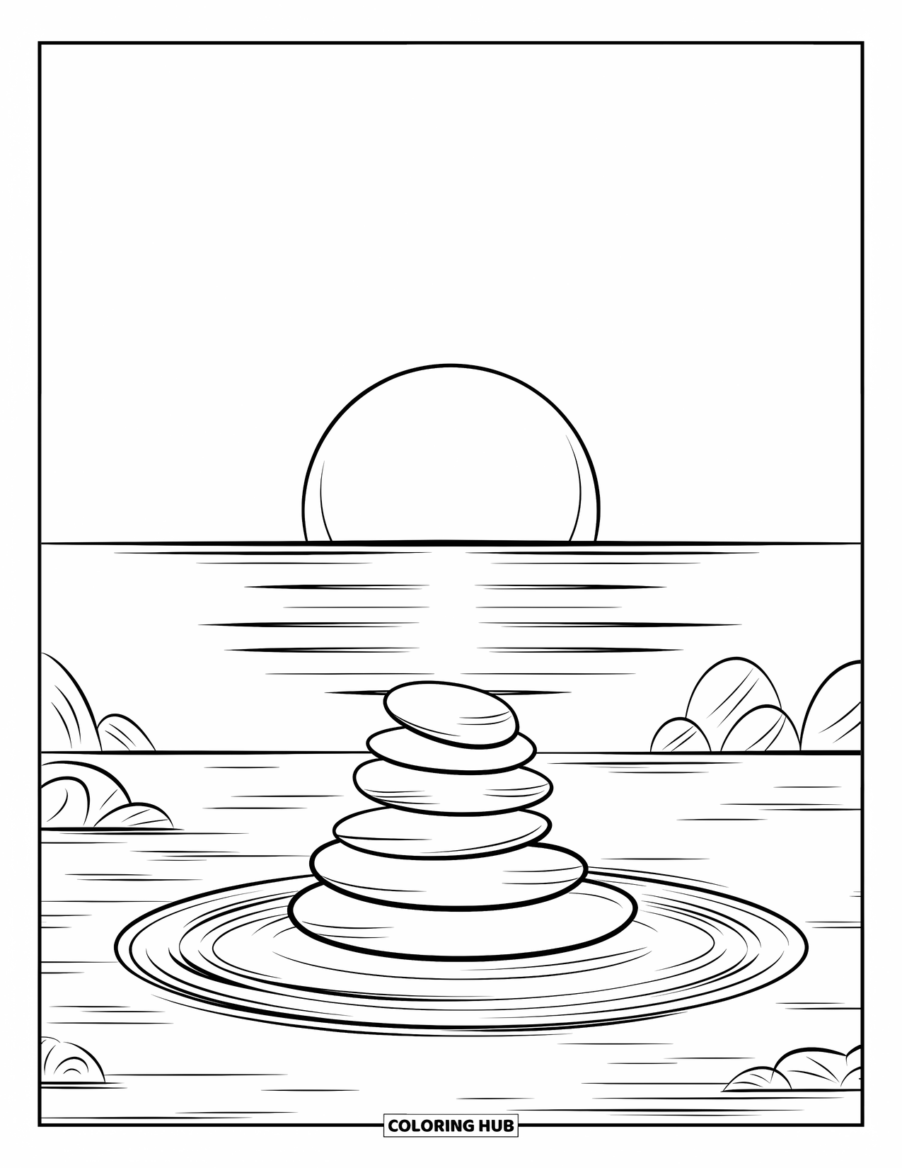 Desen de colorat cu apus de soare pentru adulți: O scenă oceanică liniștită cu pietre stivuite strălucește în timp ce soarele apune