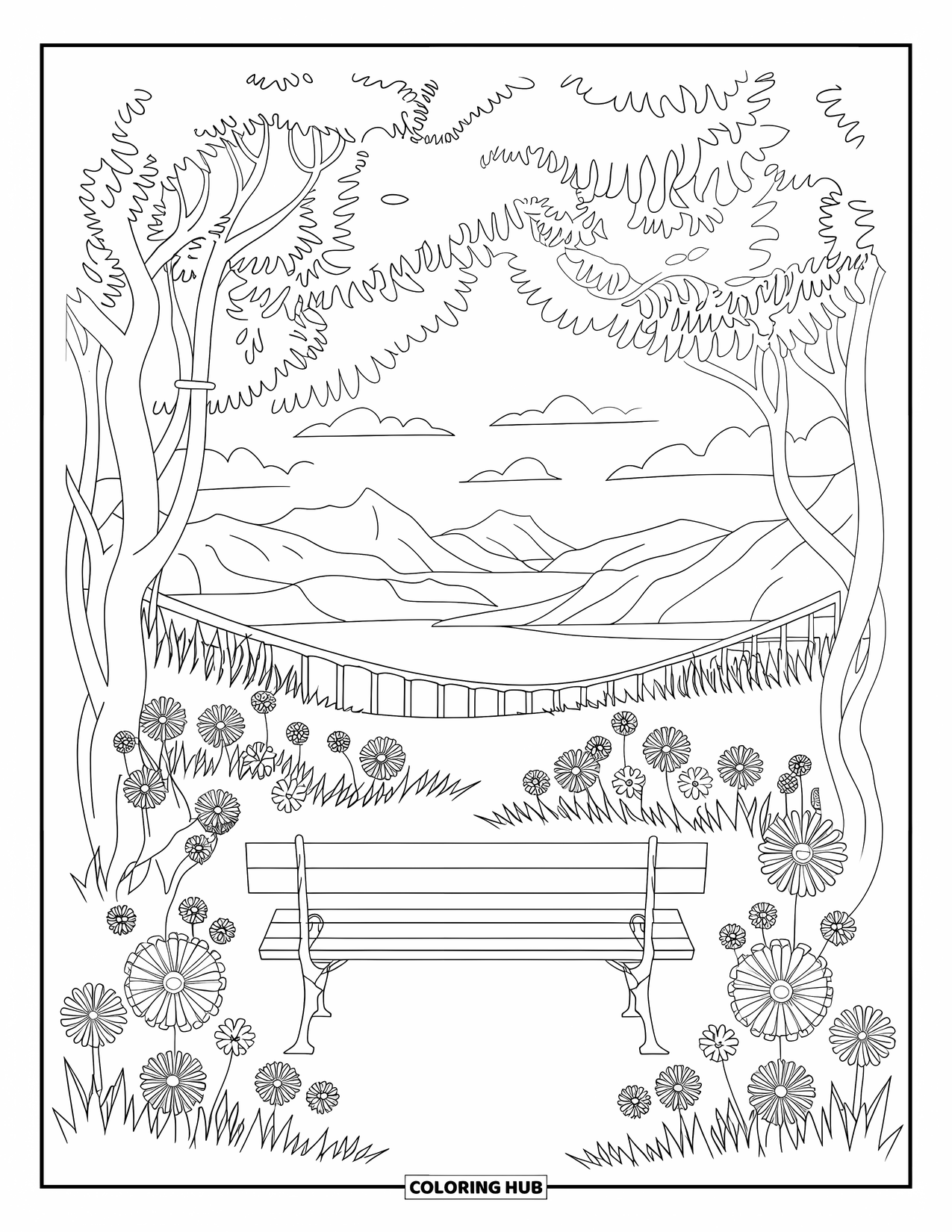 Desen de colorat cu apus de soare pentru adulți: Un punct de belvedere pitoresc cu o bancă de lemn dezvăluie munți și un pod