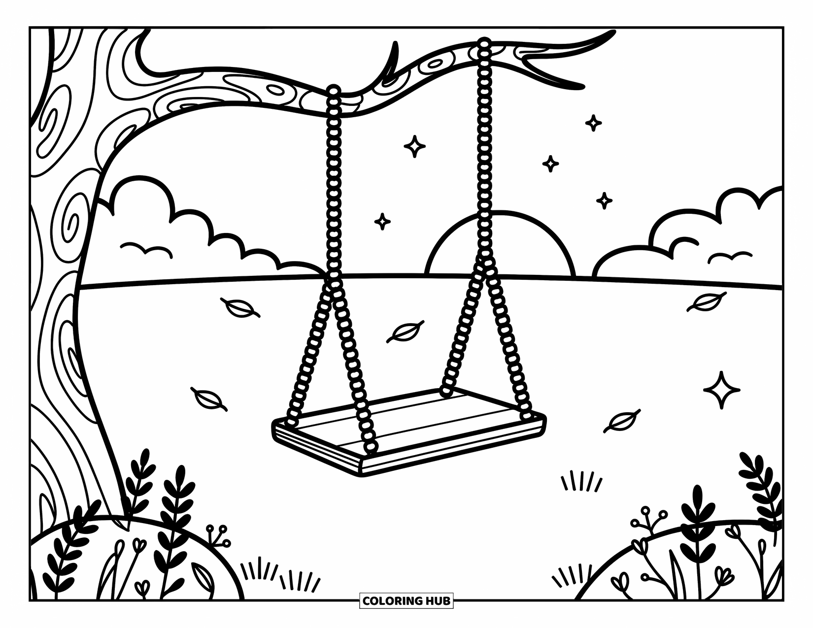 Desen de colorat cu apus de soare pentru adulți: Un leagăn atârnă de un copac în timp ce lumina apusului umple un câmp liniștit