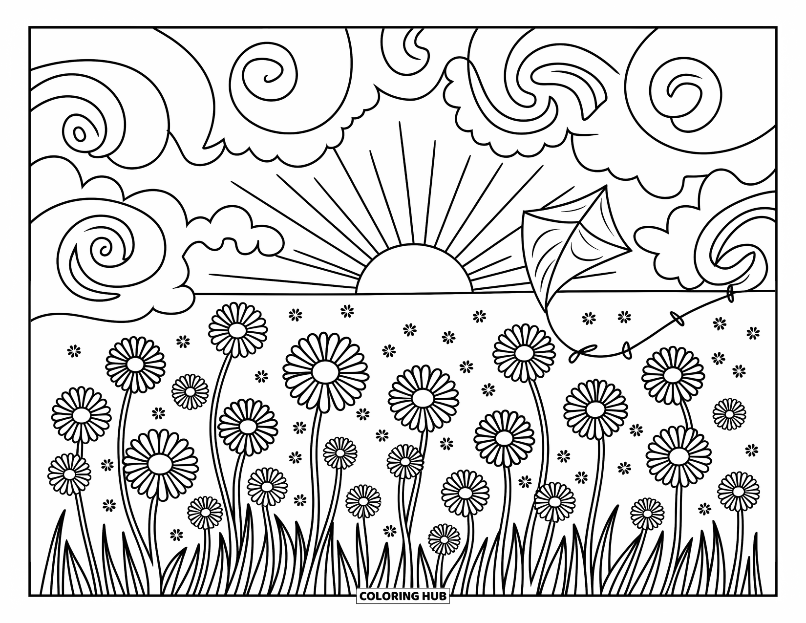 Desen de colorat cu apus de soare pentru adulți: Un zmeu încâlcit plutește deasupra unui câmp de margarete bătut de vânt la apus
