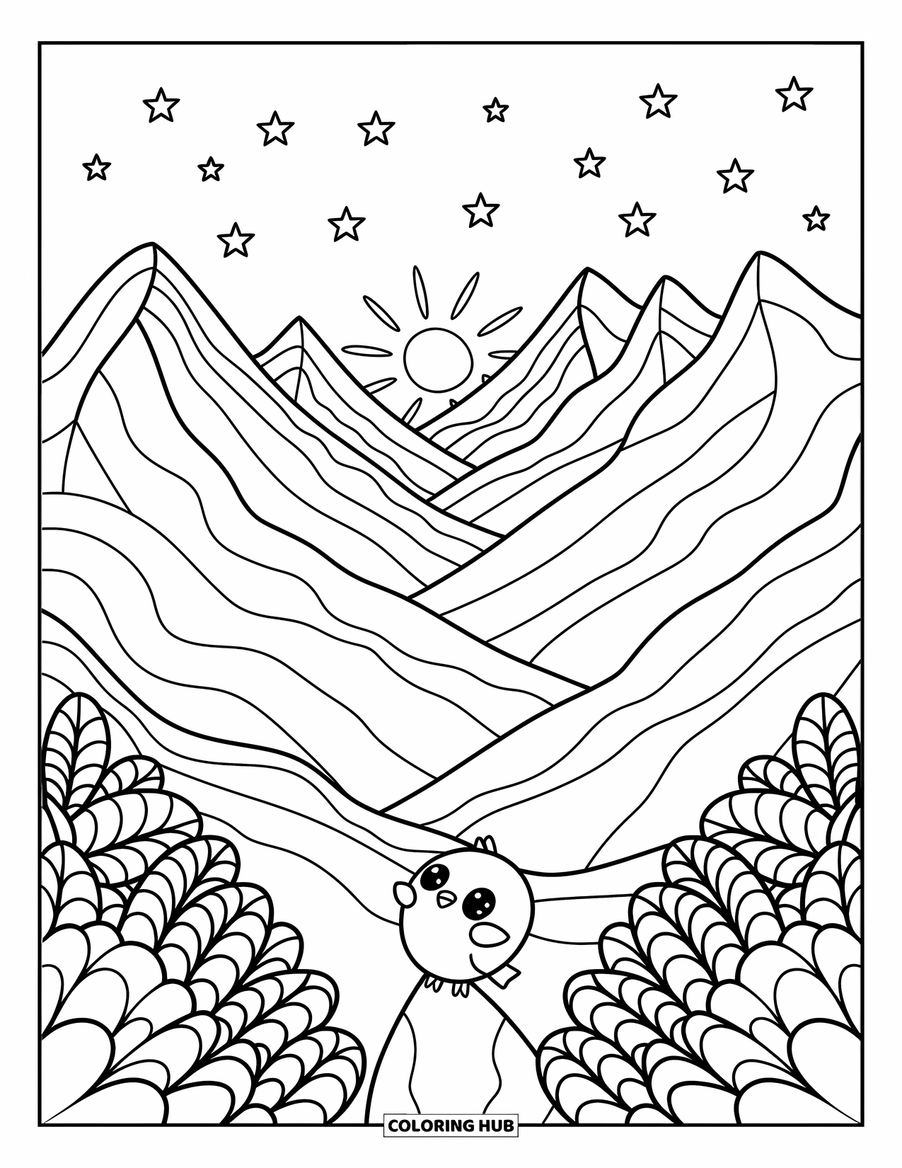 Desen de colorat cu apus de soare pentru adulți: O pasăre mică se află pe o stâncă în timp ce stelele umplu cerul muntelui