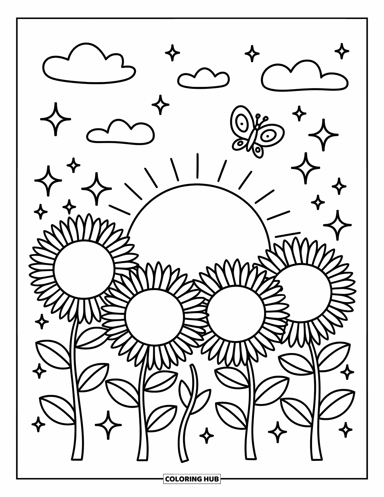 Desen de colorat cu apus de soare pentru adulți: Un fluture mic plutește deasupra florilor-soarelui în timp ce soarele începe să apună