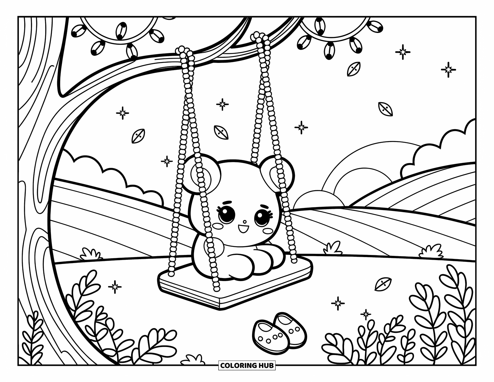 Desen de colorat cu apus de soare pentru adulți: O pereche mică de pantofi se odihnește sub un leagăn la ora de aur