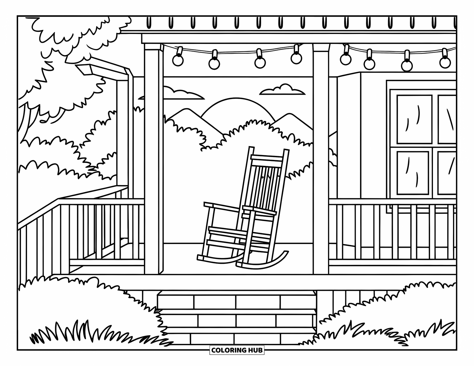 Desen de colorat cu apus de soare pentru adulți: Un pridvor de lemn cu lumini suspendate are vedere spre copaci și munți